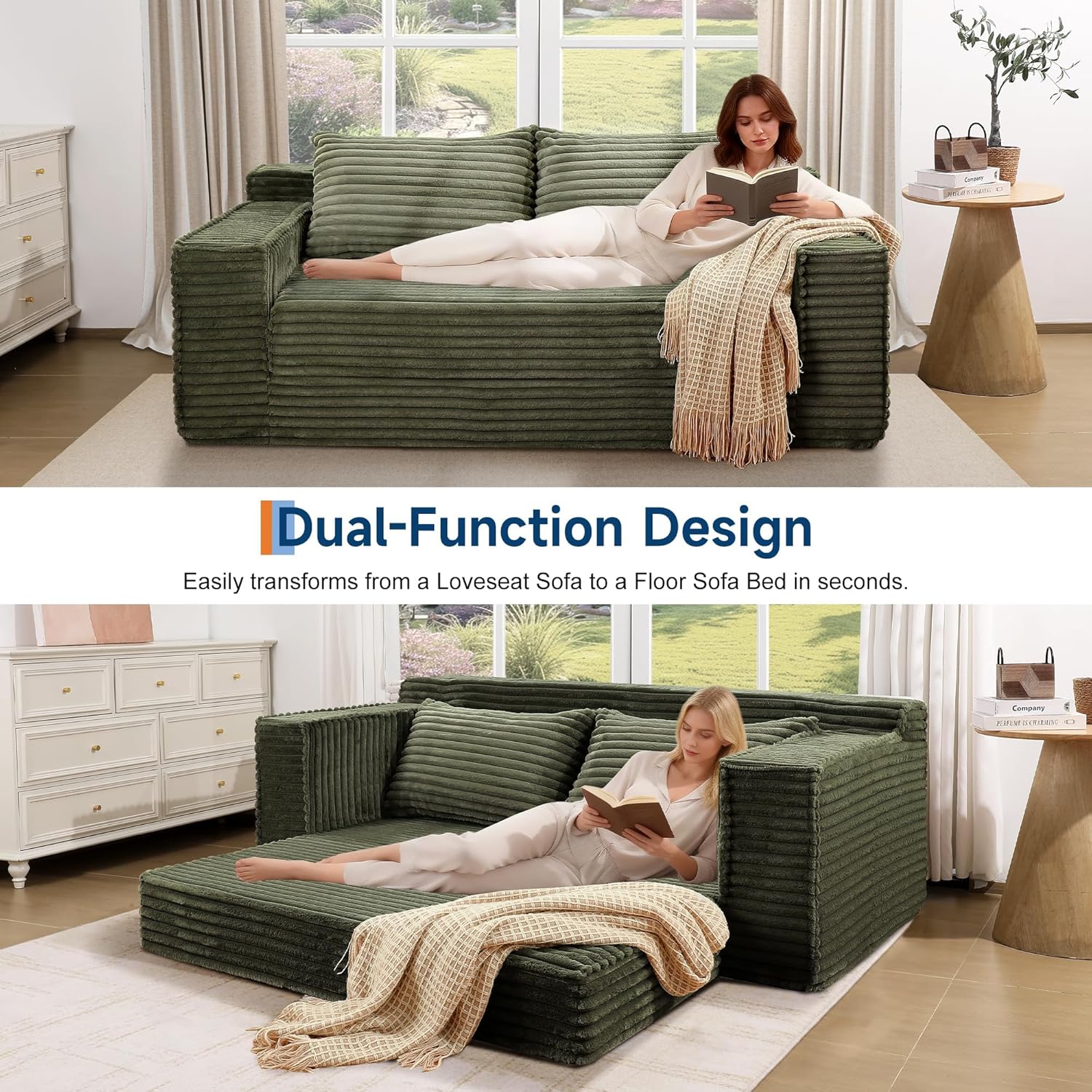 IDEALHOUSE 75 Inch Convertible Sofa Bed, Boneless Sleeper Sofa, 2 in 1 Folding Couch Bed with 2 Pillows, Pull Out Couch Bed, Loveseat Sofa for Living Room Bedroom, No Assembly, Green