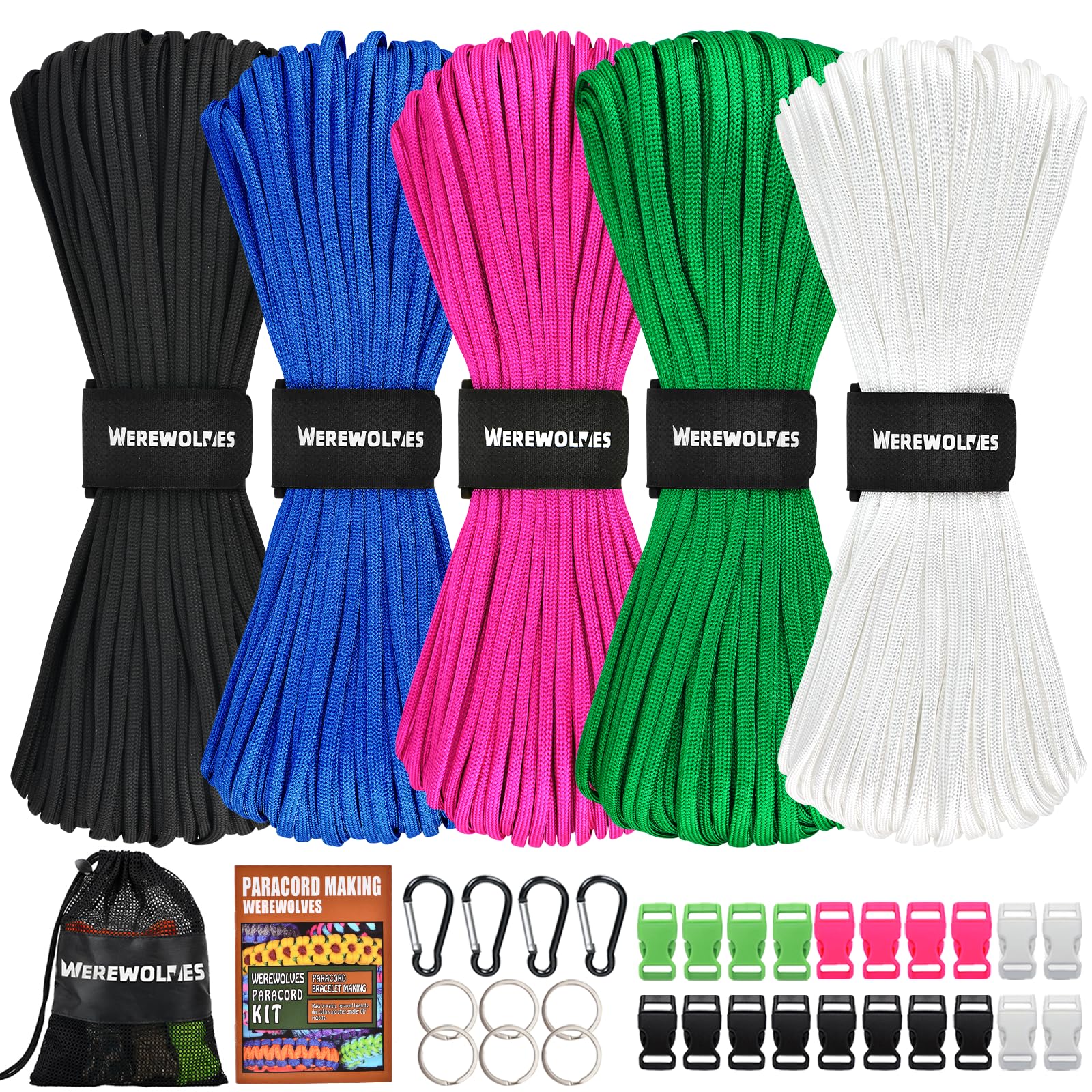 WEREWOLVES Kit di 550 paracord da 30,5 m per colore, 5 colori, 7 fili, tipo III, corda per paracadute da 4 mm, per artigianato, collari per cani, braccialetti di sopravvivenza (moderno, 30 m per