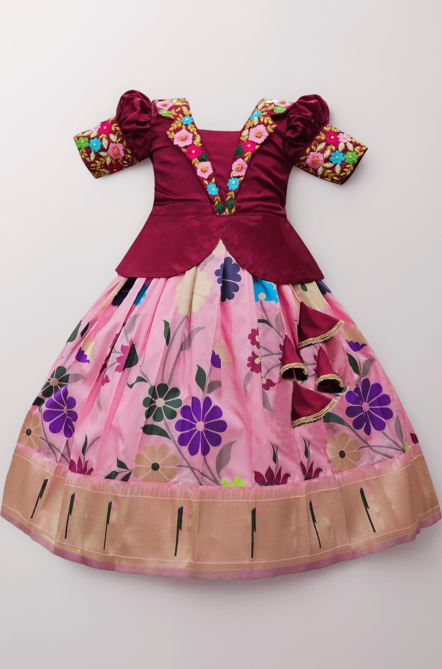 White Button Girls South Indian Pattu Pavadai | Traditional Digital Print Satin Lehenga Choli Set