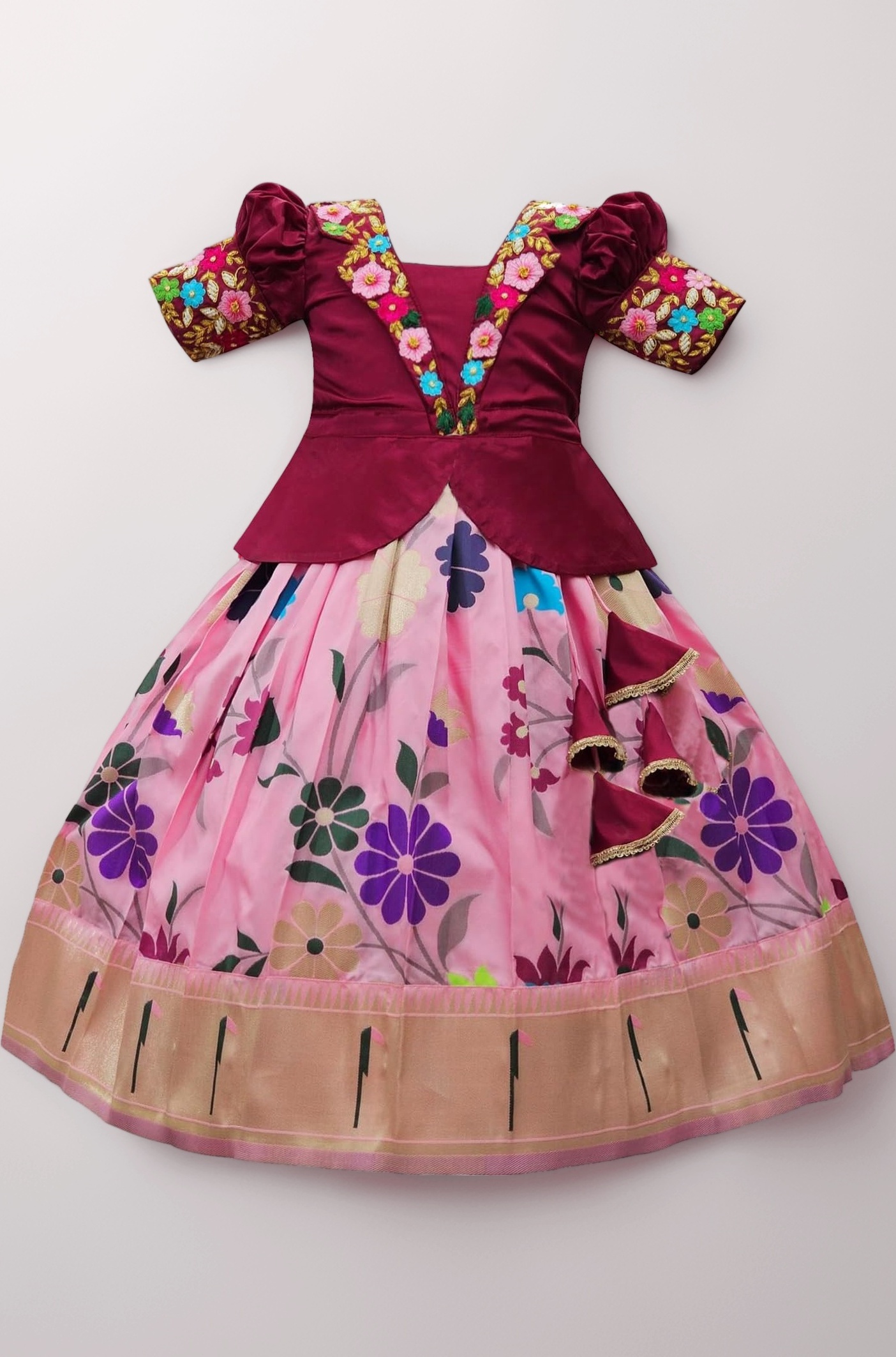 White Button Satin New South Indian Traditional Collar Digital Pattu Pavadai Readymade Lehenga Choli For Girl's Dress