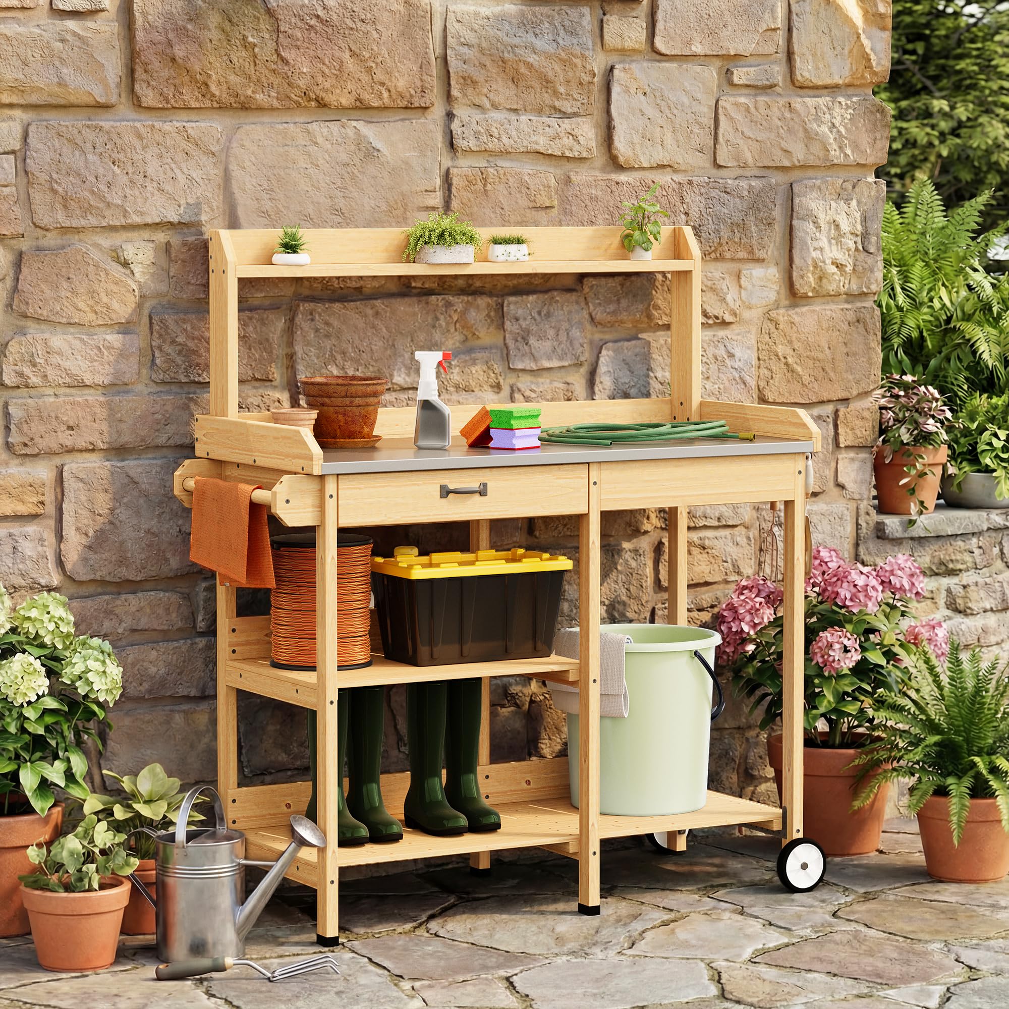 Xbro Mesa de Jardinería con Ruedas, Mesa para Plantas de Madera con Encimera de Metal Galvanizado, Cajón, Estantes y Ganchos para Balcón, Terraza, Jardín, 112 x 43 x 121 cm, (Retro)