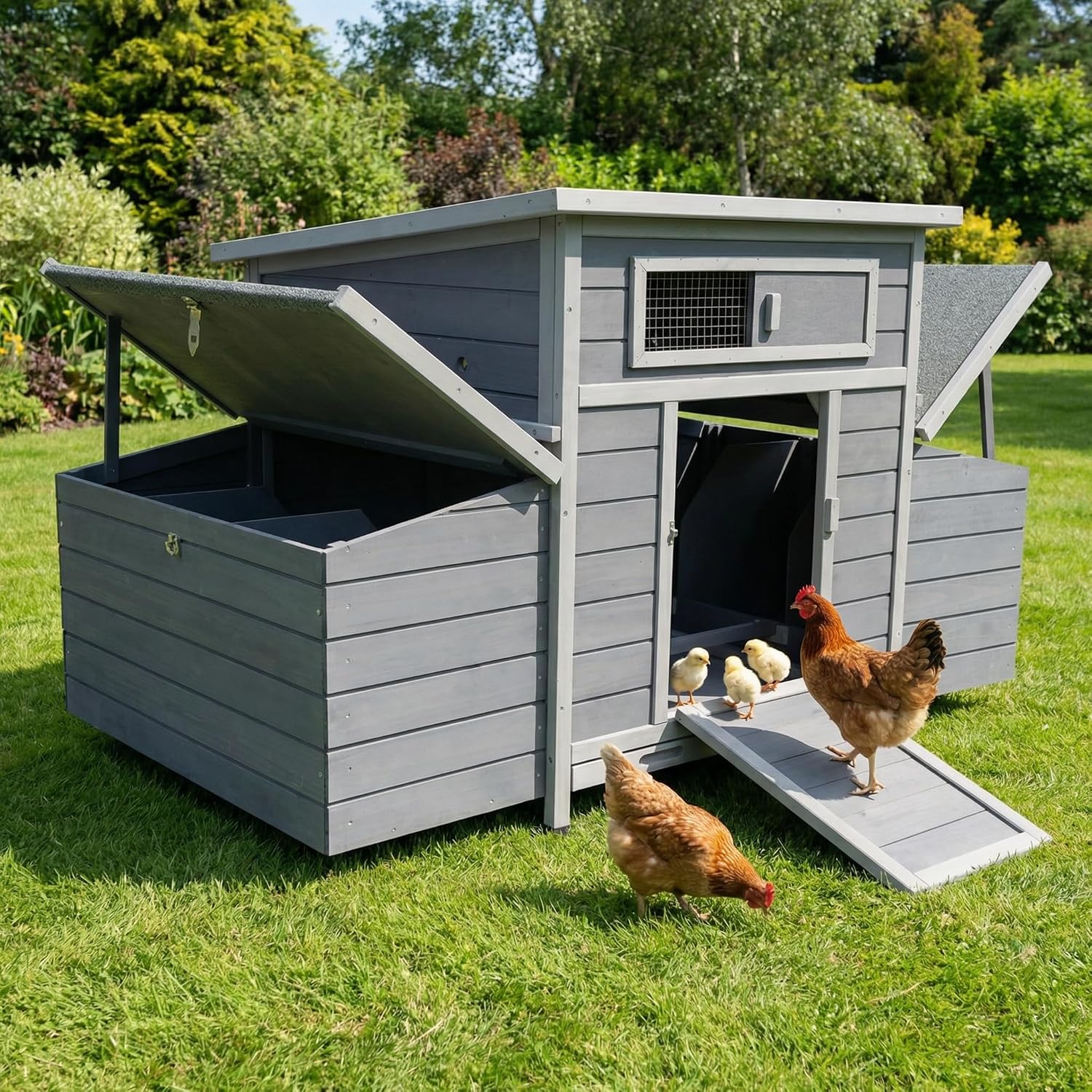 57.3'' Extra-Large Outdoor Wooden Chicken Coop with 2 Side Nesting Boxes, Weatherproof Hen House with Ventilation & Secure Latches, Poultry Cage for 6-8 Chickens, Dark Gray