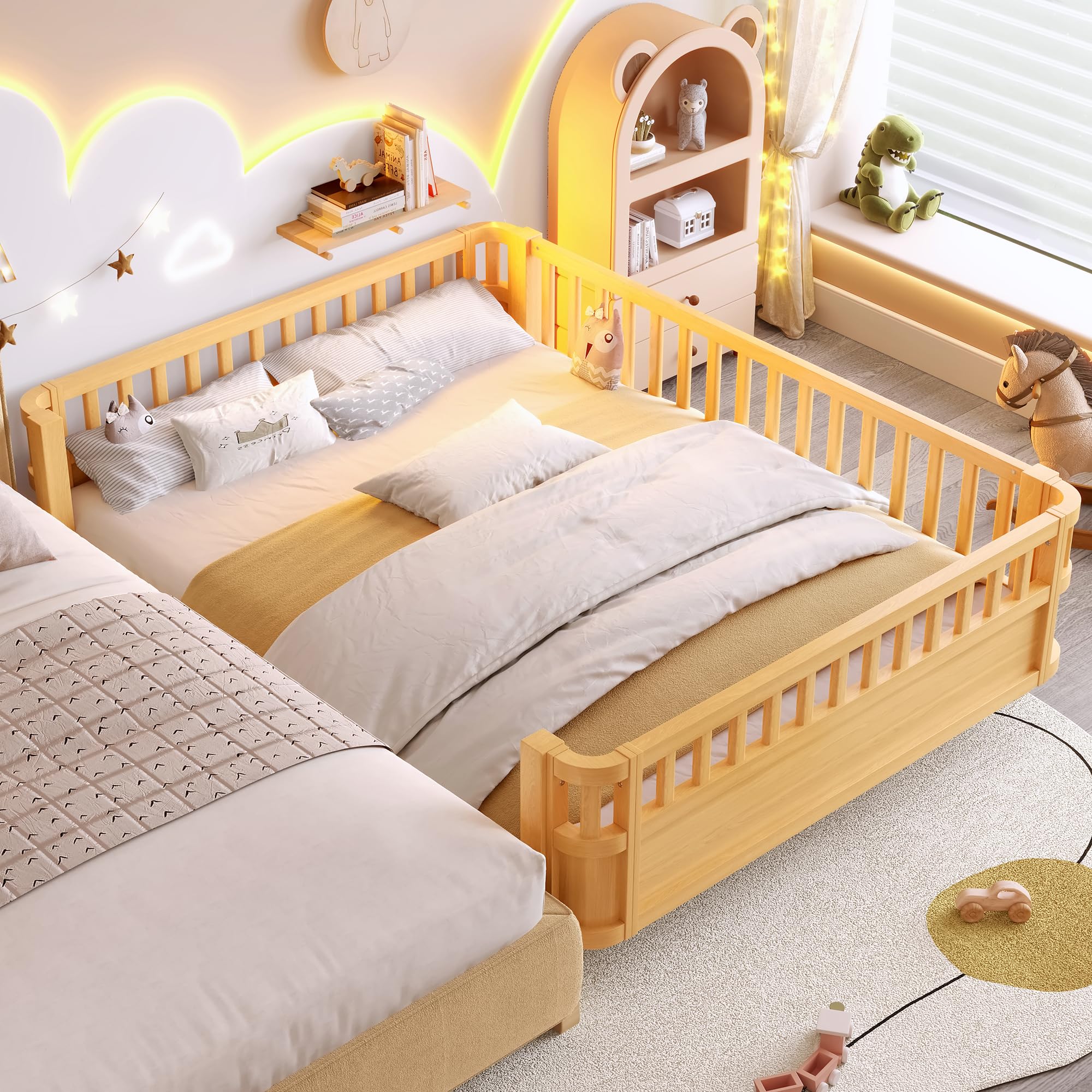 Bellemave Queen Size Montessori Bed with Fence and Slats, Queen Size Low Platform Bed Frame with Detachable Side Bed Rails and Rounded Corner Design, Easy Assemble Montessori Bed Natural