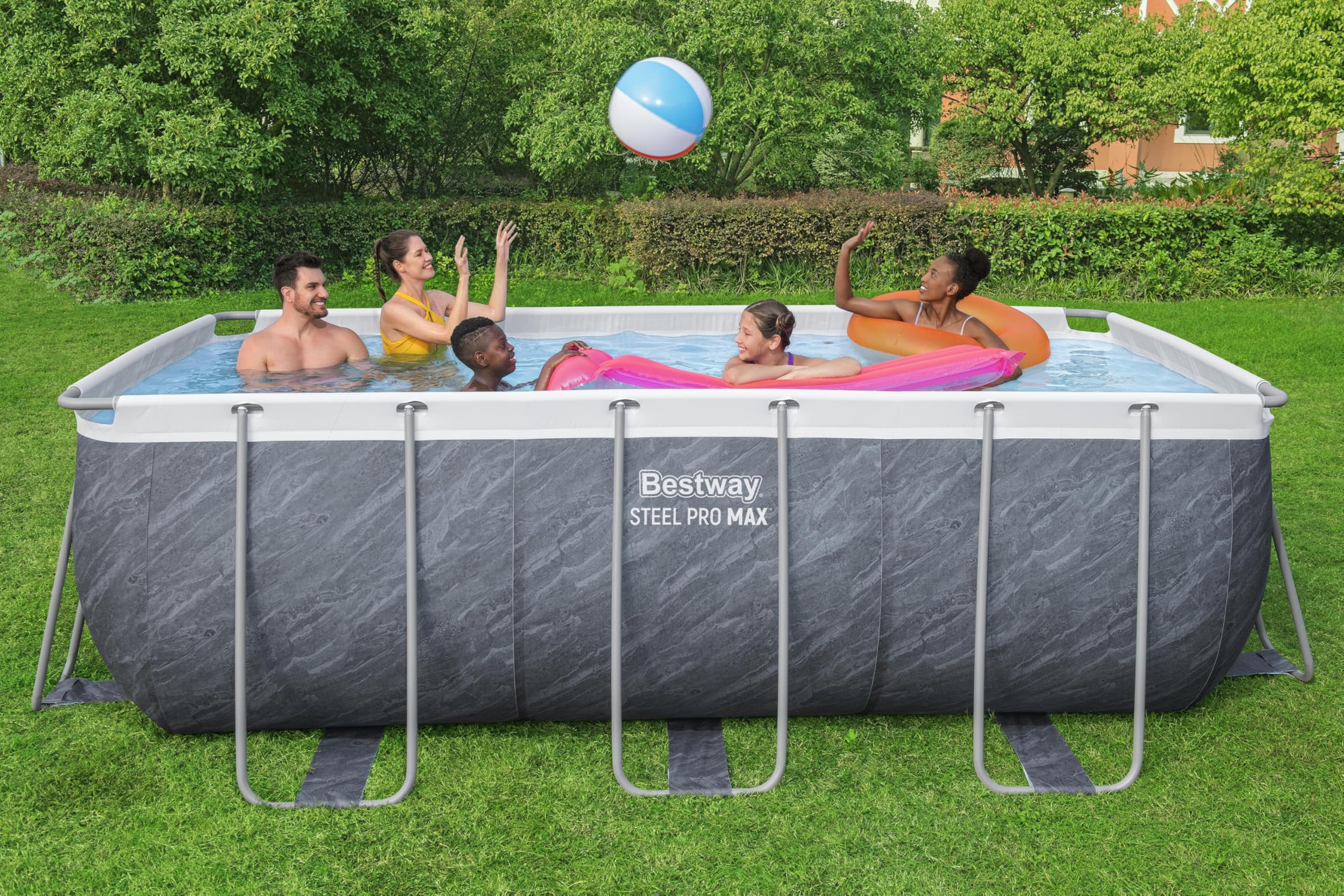 Bestway Power Steel Frame Pool Set mit Filterpumpe 412 x 201 x 122 cm, Marmor-Optik (Schiefergrau), eckig