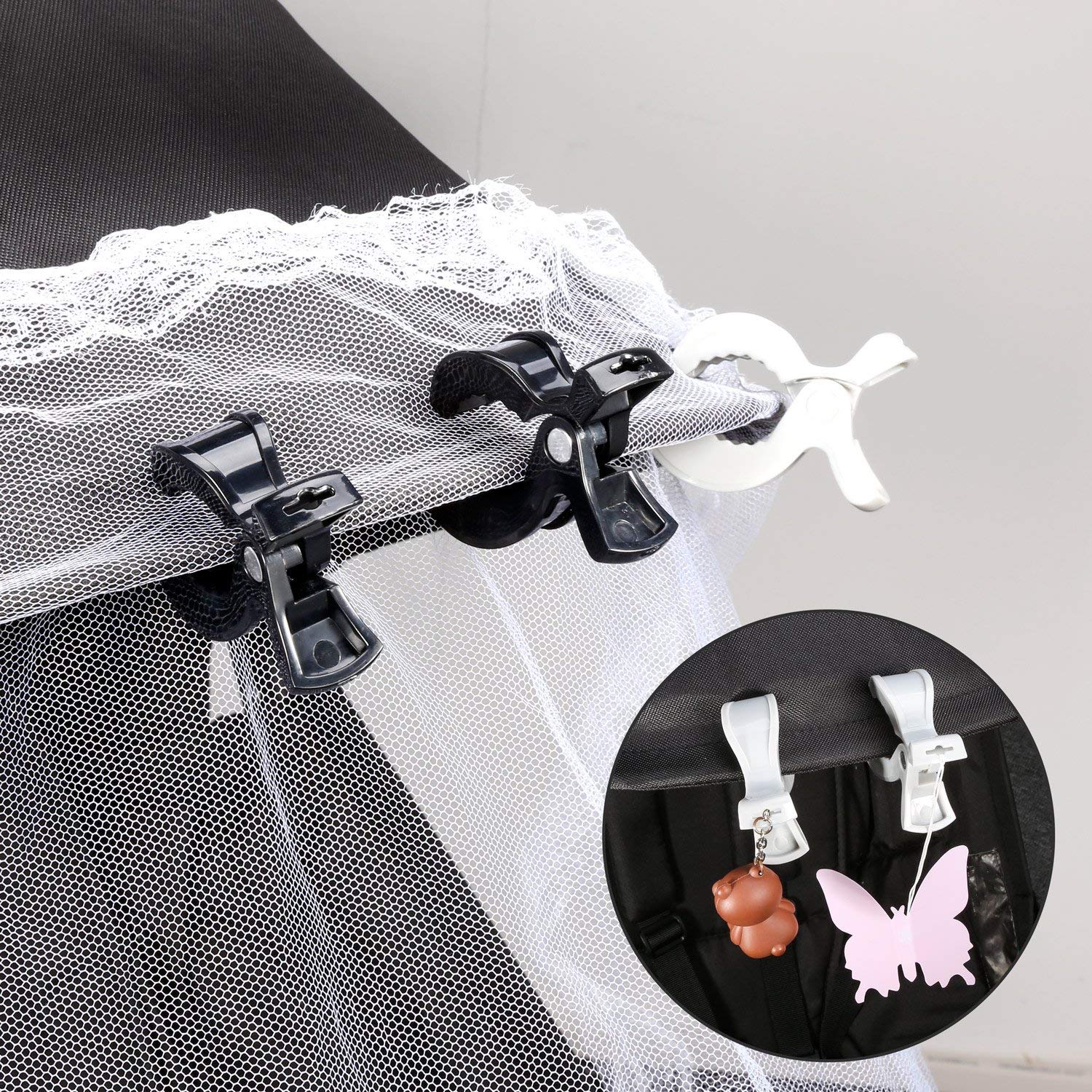 LAT 4-Pack Stroller Pegs Clips to Hook Muslin Blanket Sun Shade to Canopy, Pram Toy Holder, Car Seat Cover Clips, Protect Baby Kids from Sun Wind Insects (Grey + White) : Baby