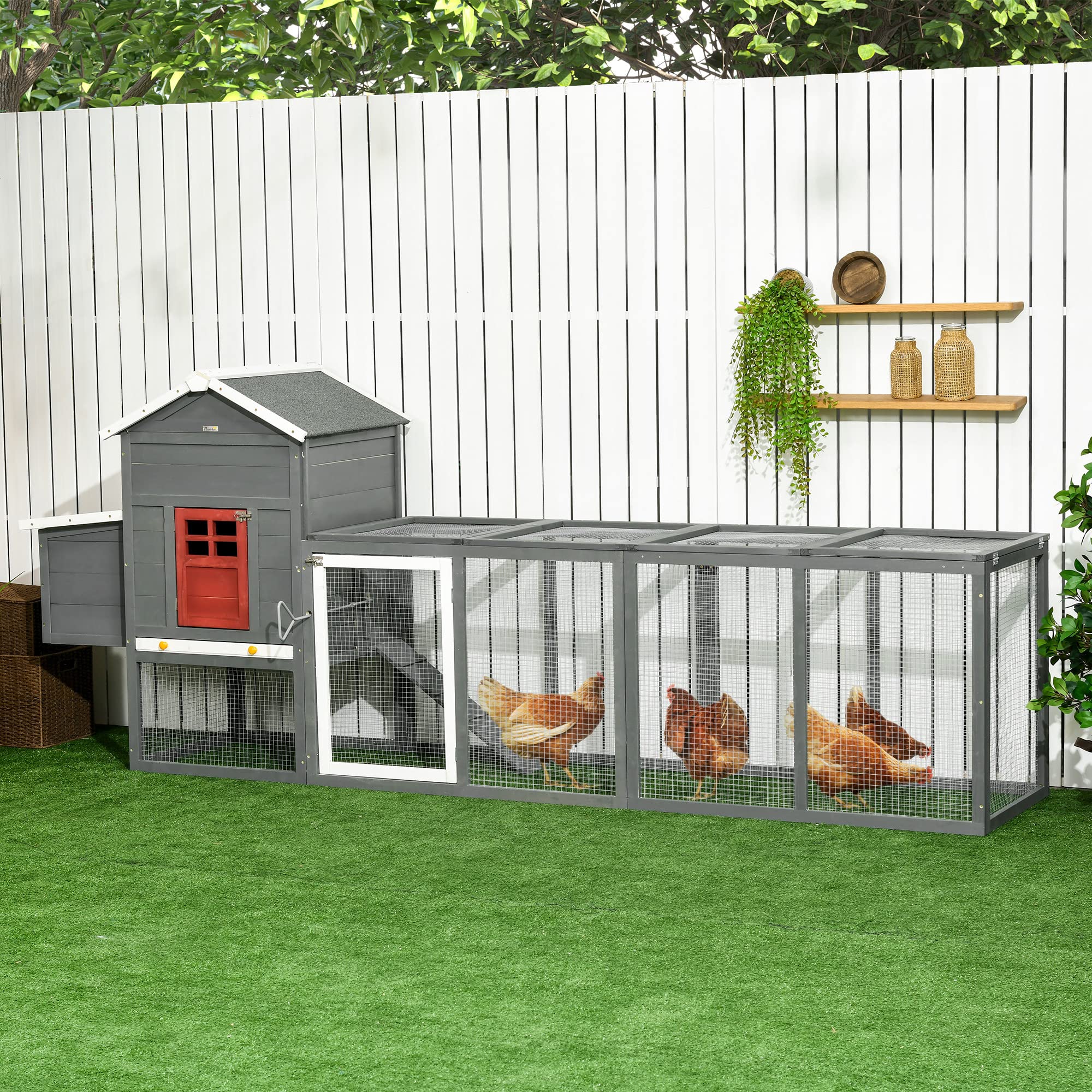 PawHut 118" Pollaio XXL con tetto in asfalto per 3-6 galline Grigio | Recinto in legno per galline, vassoio estraibile, nido, pollaio
