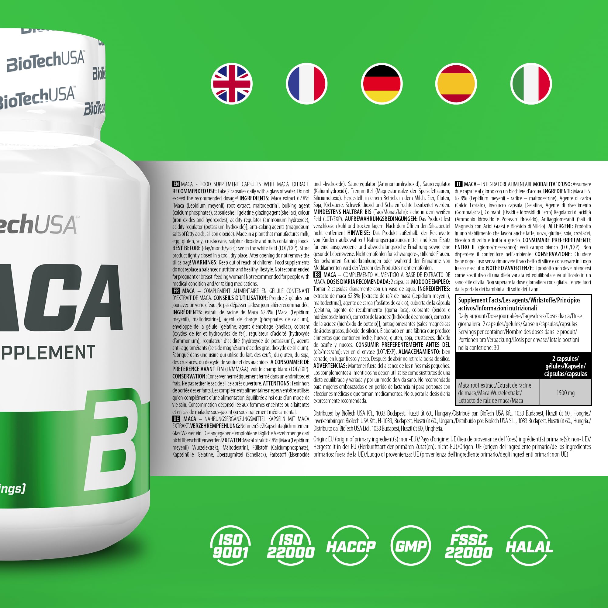 BioTechUSA Maca | Cápsulas de Superalimento Natural | con Extracto de Raíz de Maca | Fuente de Fitonutrientes, Aminoácidos y Minerales | 60 mega cápsulas