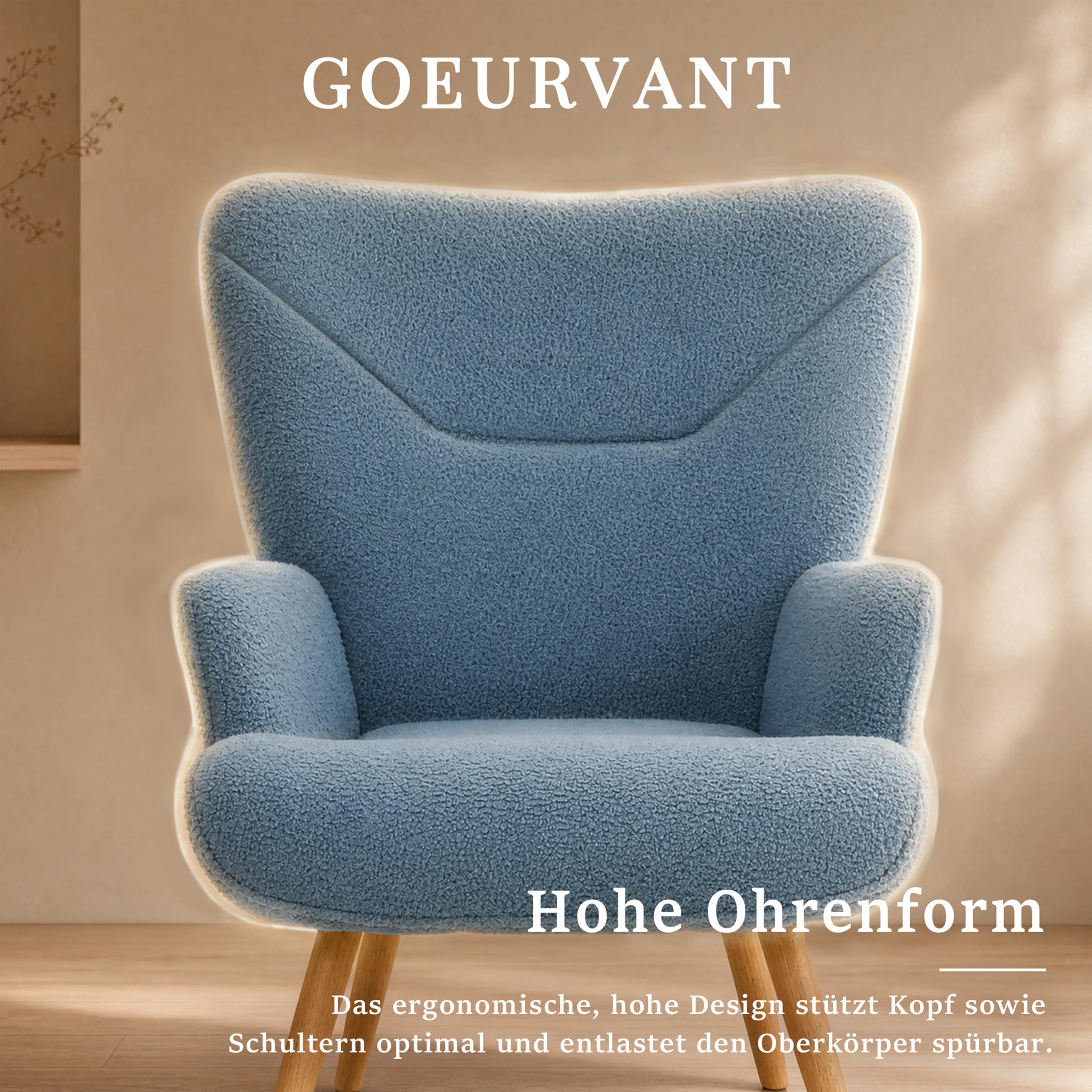 Ohrensessel Sessel Wohnzimmer mit Hocker, Skandinavischer Stil Relaxsessel Polstersessel mit Hoher Rückenlehne Loungesessel aus Teddy-Stoff, Taubenblau
