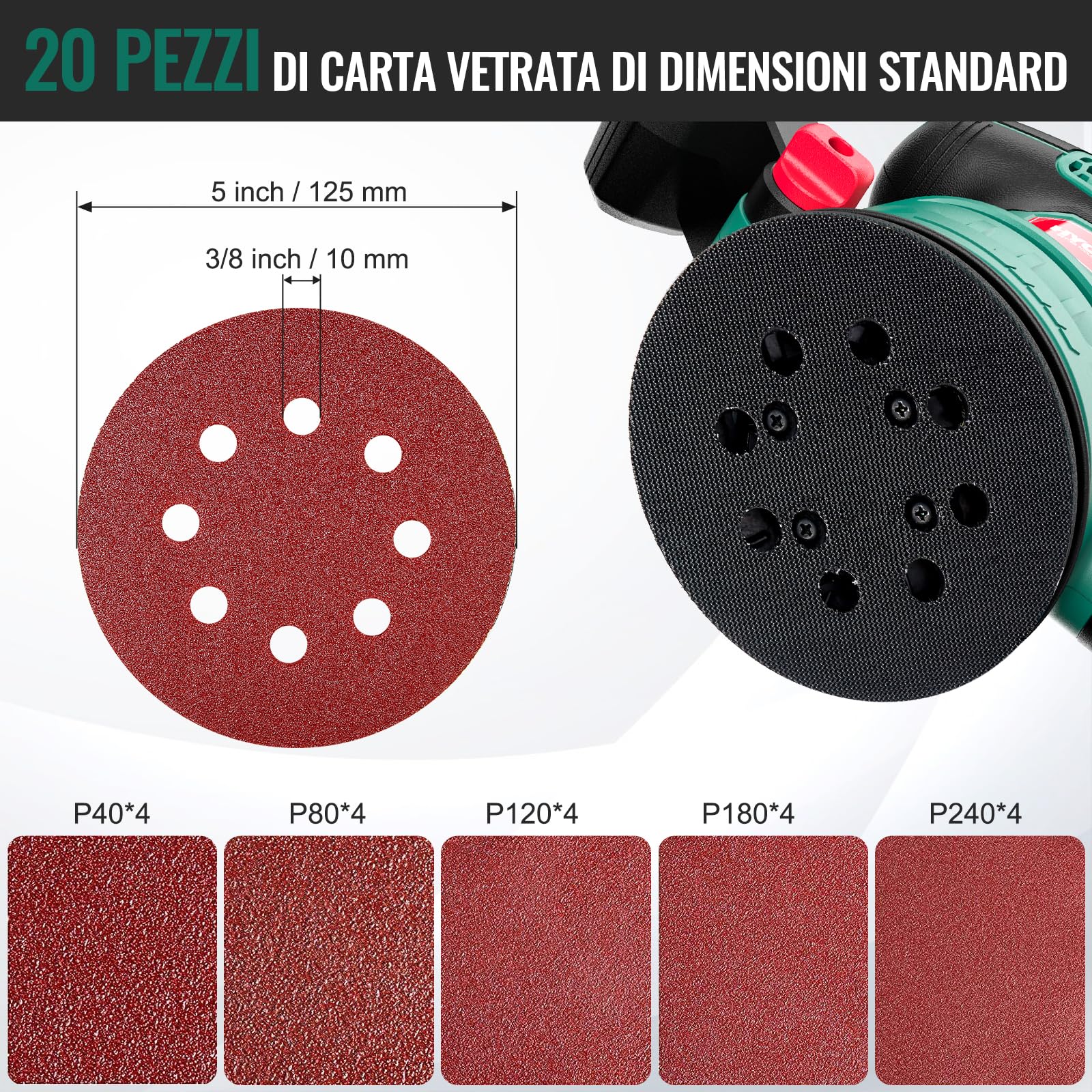 HYCHIKA 450W Levigatrice Orbitale, Sei velocità da 6000-12000 OPM, efficiente sistema di raccolta della polvere con 20 pezzi di dischi abrasivi 125mm, ideale per la levigatura di metallo e legno