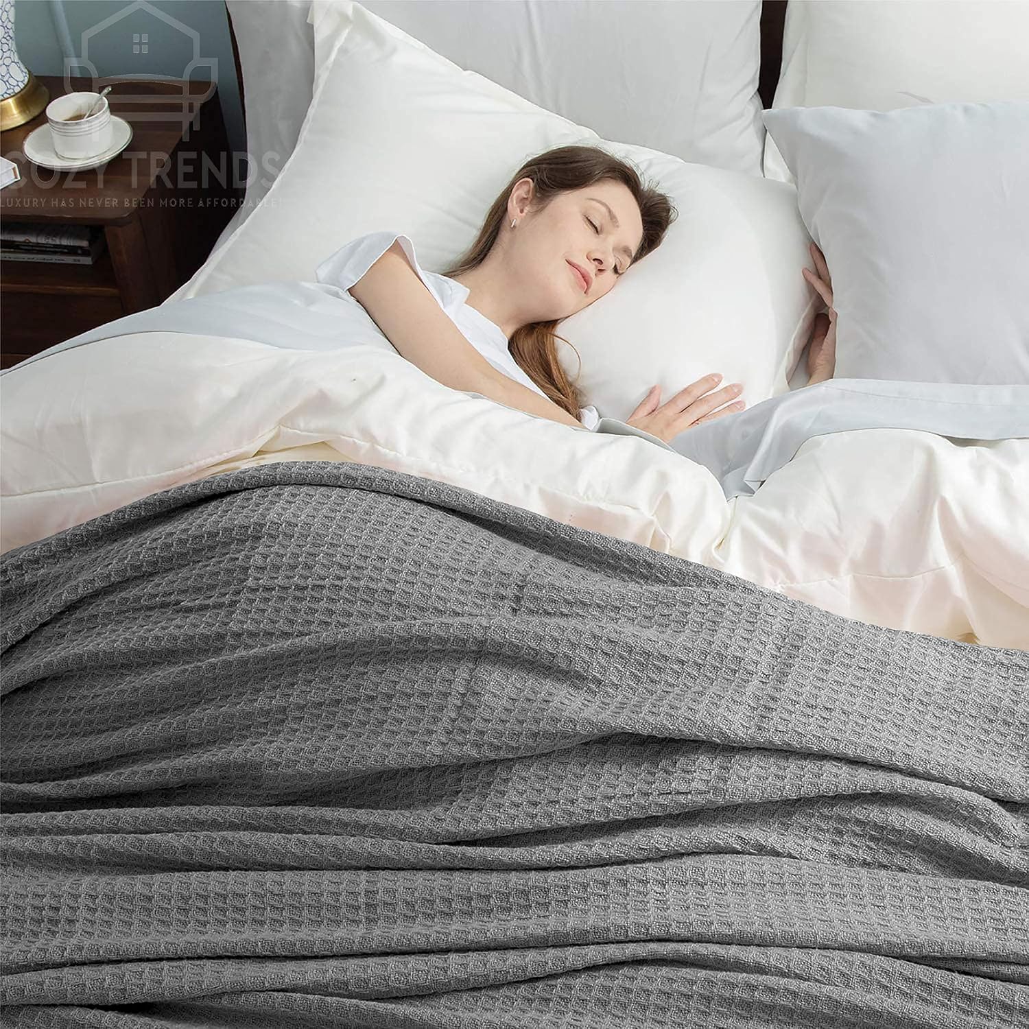 Luxurious Combed Cotton Waffle Weave Super Soft, Cozy Warm, Breathable, Light Weight, Stylish, All Season Thermal Blankets Twin/Full/Queen/King (Grey, Twin)