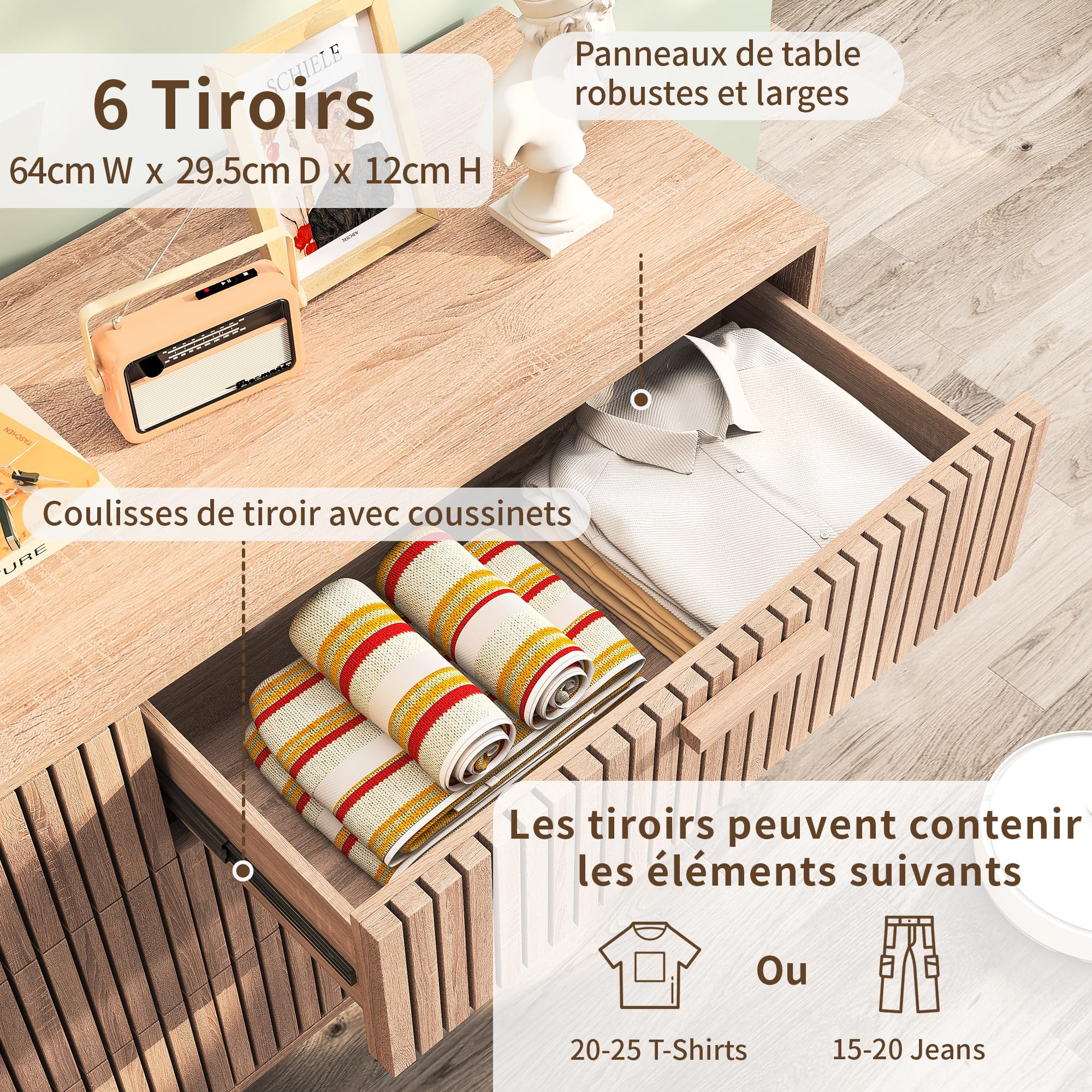 Meuble de Rangement en Bois, Commode 6 tiroirs,Meuble Profondeur 30cm, Armoire à tiroir avec Dispositif Anti-basculement, Commode d'enfant, commodes Chambre pour Chambre, Salon, Entrée