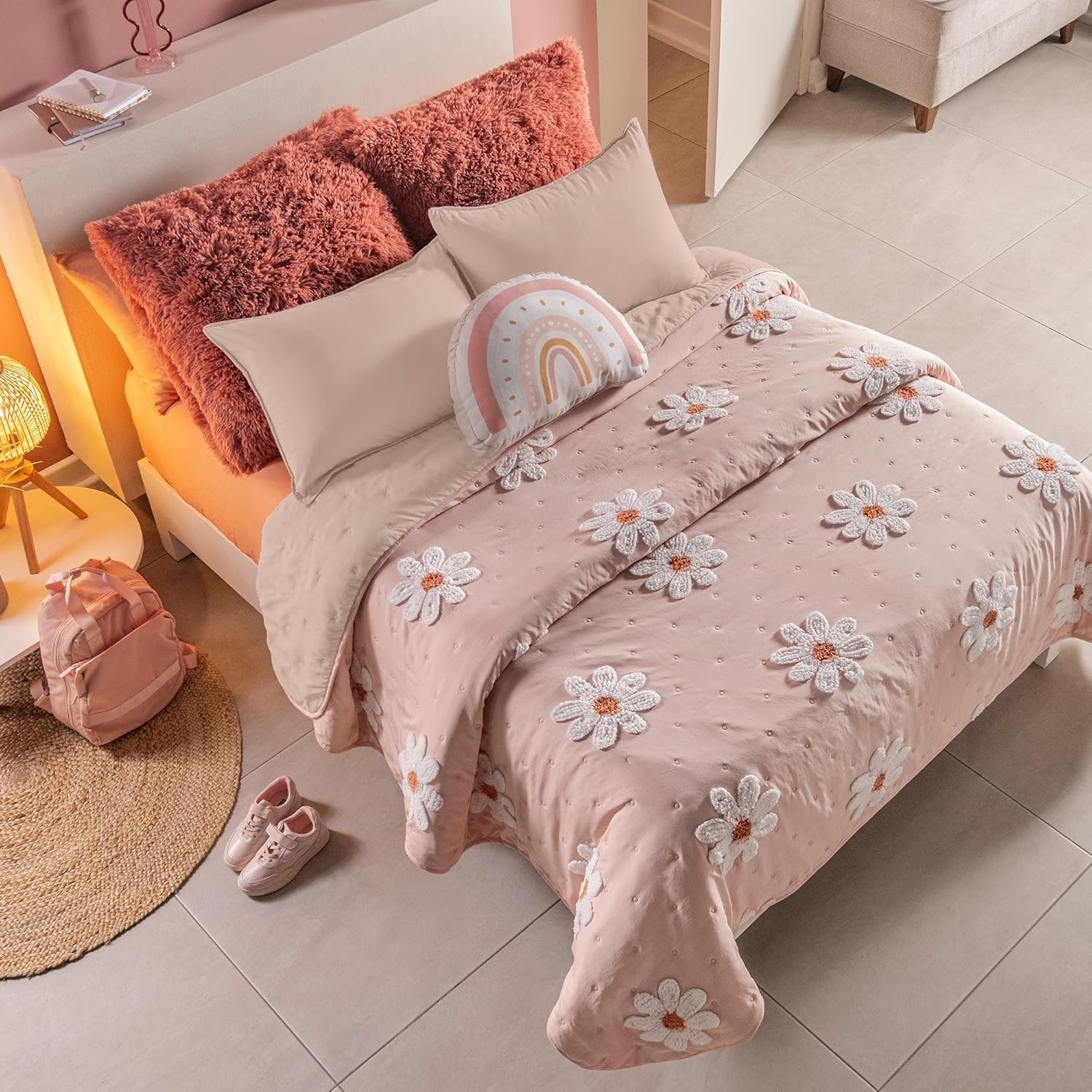 Daisy Blossom Reversible Comforter Set with Bonus Cushion and 2 pcs Pillowcase - Twin Size Embroidered Floral Elegance