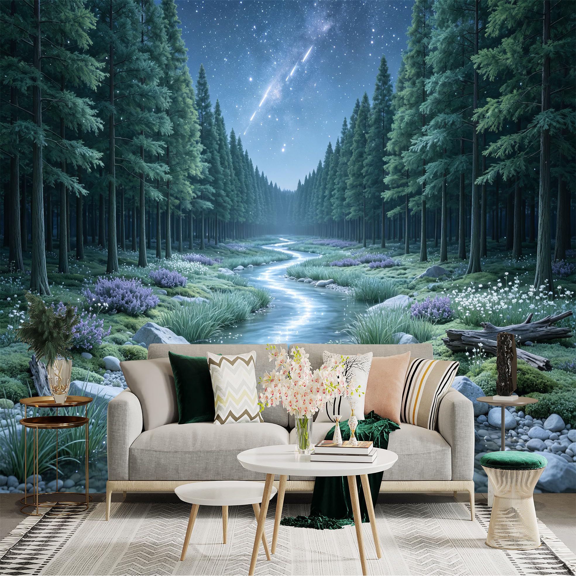 Lnzczhyre Bh260719587 Custom Size Wall Sticker Mural， Serene River Flowing Through Coniferous Forest， Starry Night Sky， Glowing Moonlight Scenery， For Wall Decoration， Peelandstick Wall Decals.