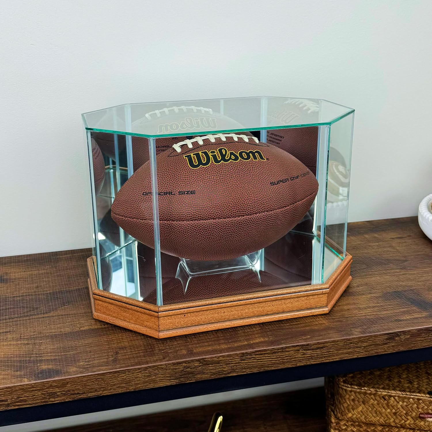 Real Glass Octagon Football Display Case with 1 1/2"" Sport Moulding | Choose Your Moulding | Select Your Glass Protection | Add Custom Personalization | Design Your Football Display Case, Wood