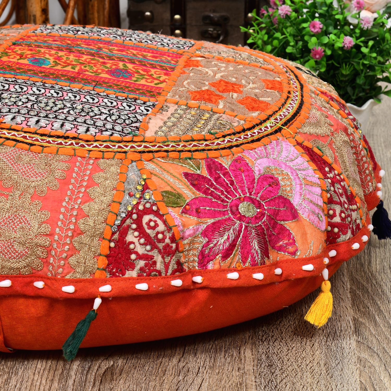 Rajasthaniartdecor Patchwork Khambadiya Cushion Case 18x18 Inches Round Mudda Meditation Floor Seat Vintage Embroidry Pillow Cover Red Color (Set of 2)-image-17