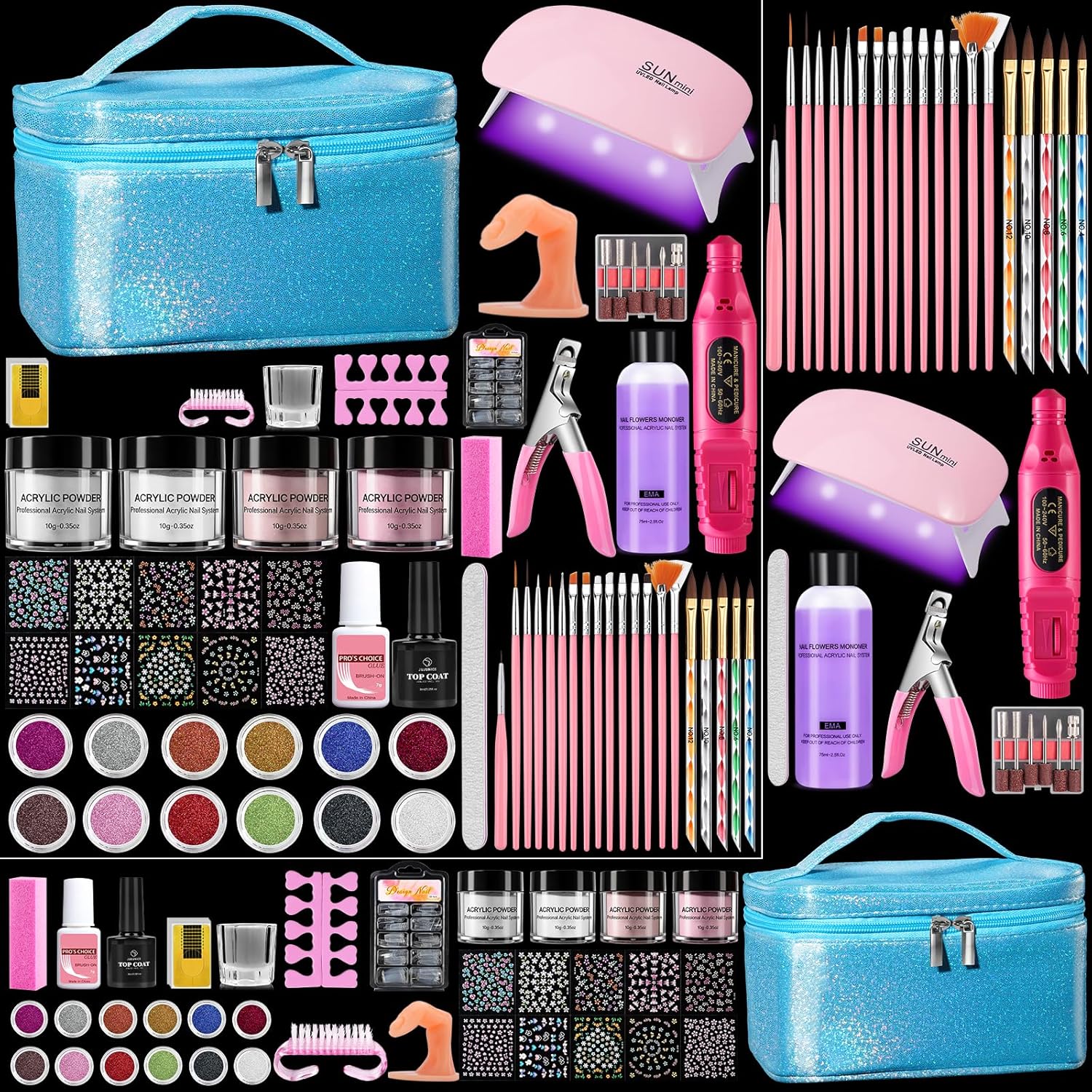 Nail Kit for Beginners with Everything: Professional Nails Kit Acrylic Set with Practice Finger Drill U V Light Acrylic Powder Liquid Decorations in Makeup Bag for Women Salon (Bling Blue)