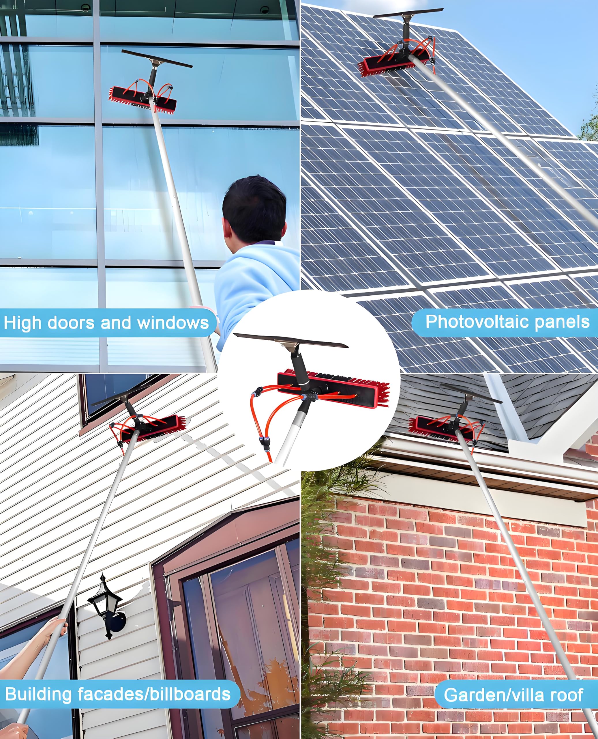 Equipo de Limpieza de Ventanas, Cepillo y escobilla de Goma for Limpieza de Paneles solares de 3 a 20 Metros, 2 cepillos for Polvo, Varillas Ligeras y Extensibles.(55cm Brush,19m)
