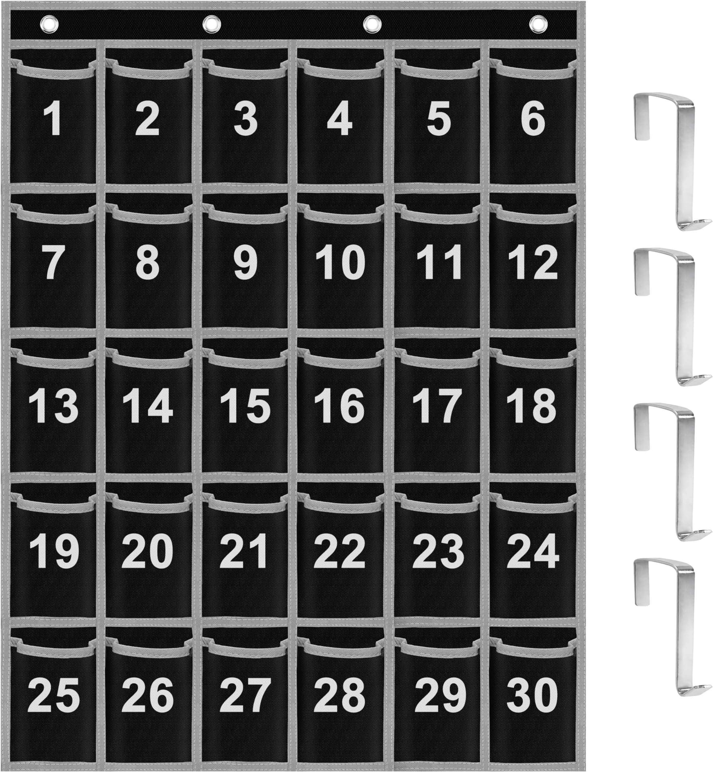 ZKOO Numbered Classroom Sundries Closet Pocket Chart, Cell Phones Calculator Holder, Wall Door Hanging Organizer With 4 Door Hooks (30 Pockets Black Grey)