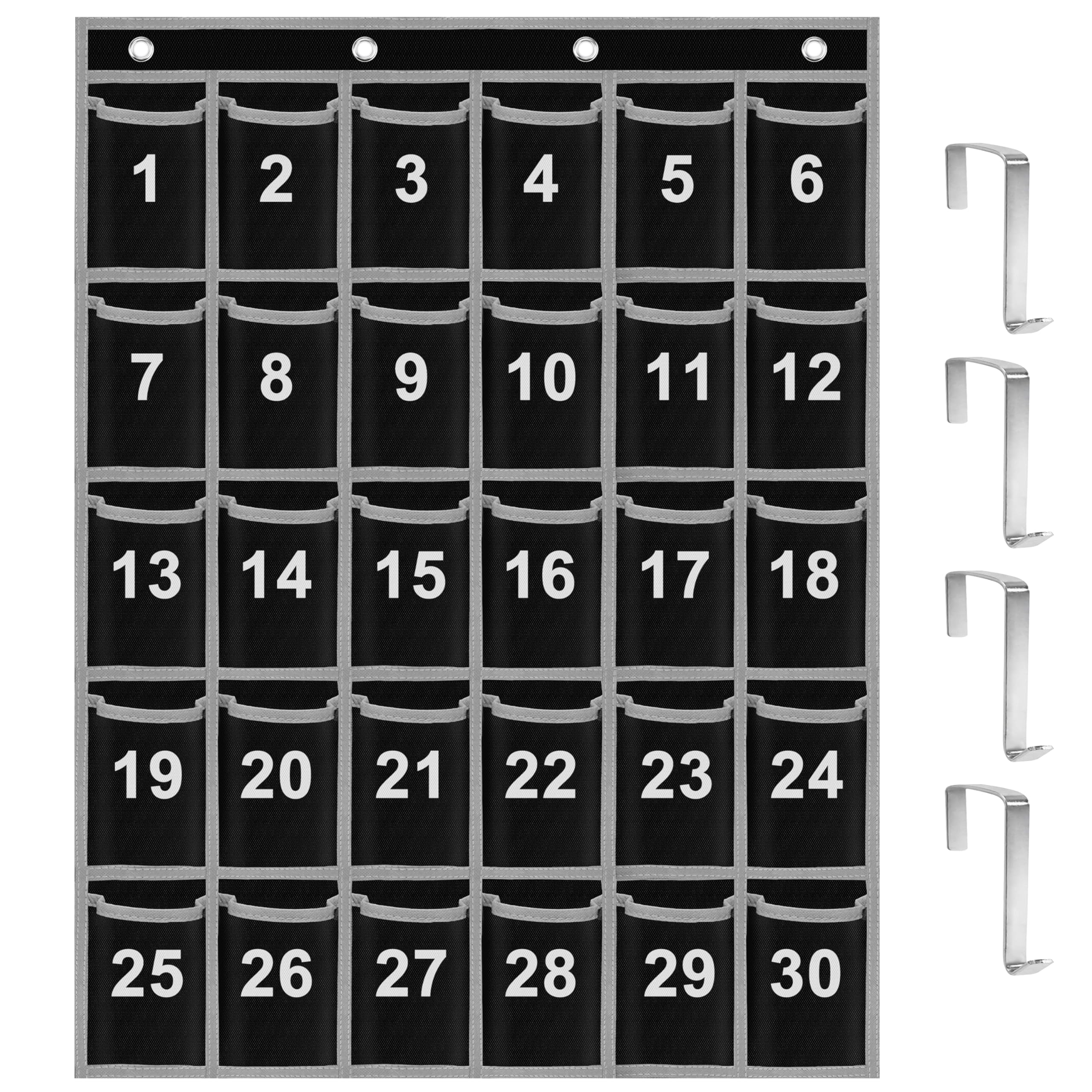 ZKOO Numbered Classroom Sundries Closet Pocket Chart, Cell Phones Calculator Holder, Wall Door Hanging Organizer With 4 Door Hooks (30 Pockets Black Grey)