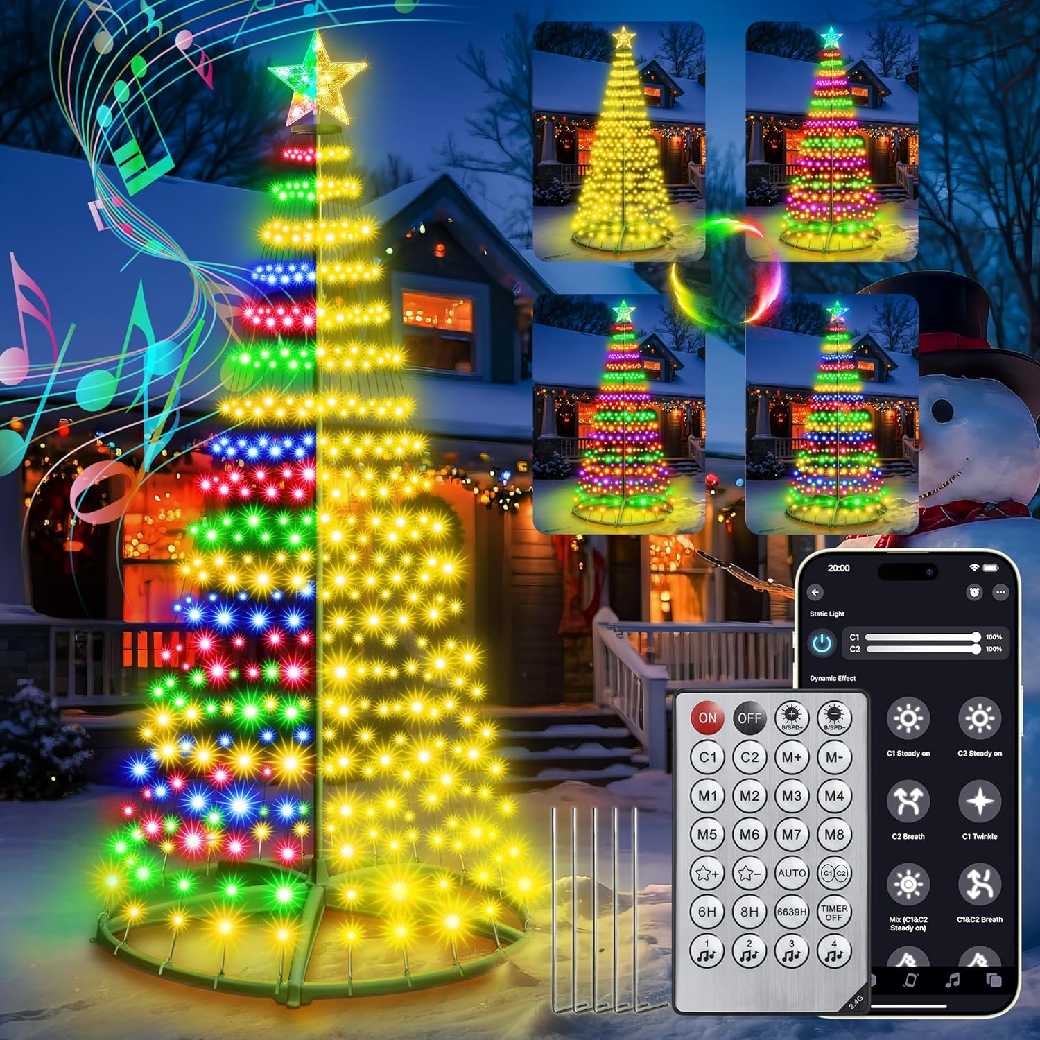 7ft Smart Pre-lit LED Cone Christmas Tree - 30+ Modes 391 Color Changing Lights with App & Remote Control, Timer, Music Sync for Indoor or Outdoor (Green Finish) App & Remote & Green 7ft. Not Tested