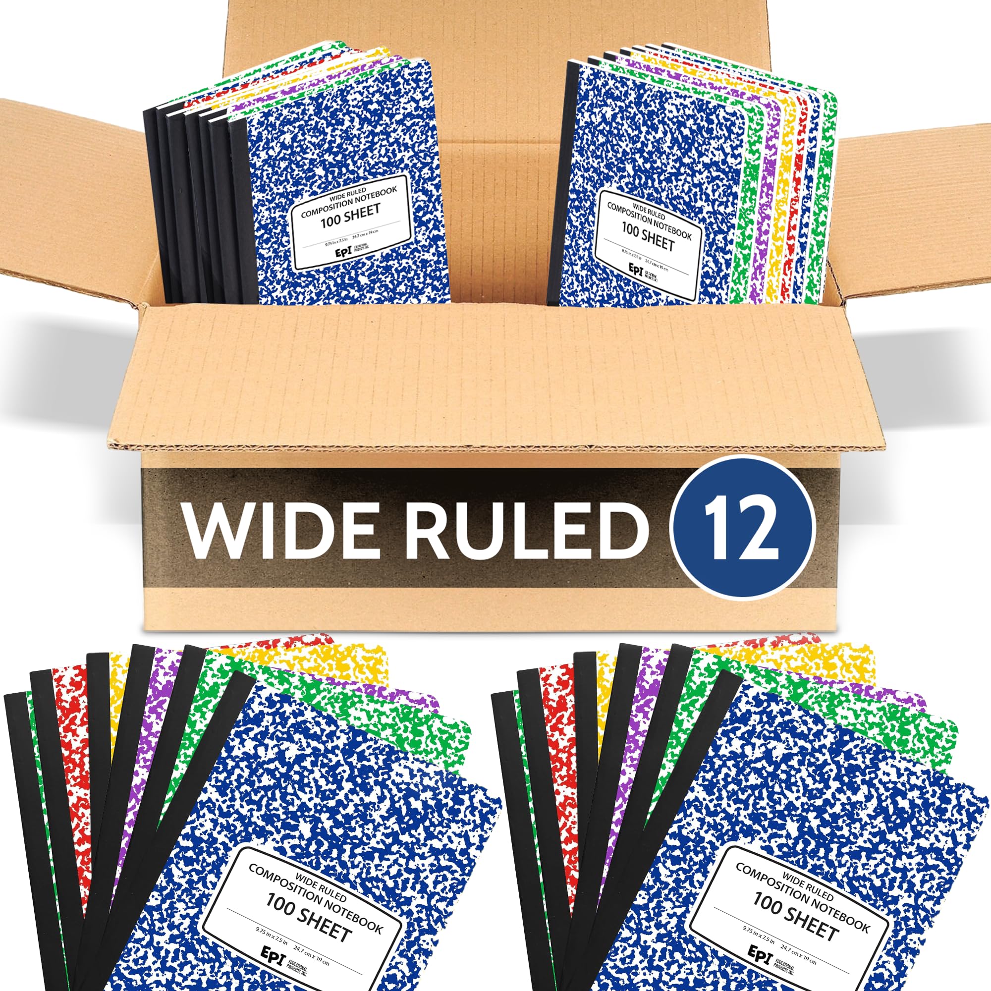 EPI - Confezione da 12 quaderni a righe larghe per composizioni marmorizzate, colori assortiti, 200 pagine, copertina rigida con rilegatura cucita per pagine sicure, materiale scolastico per il