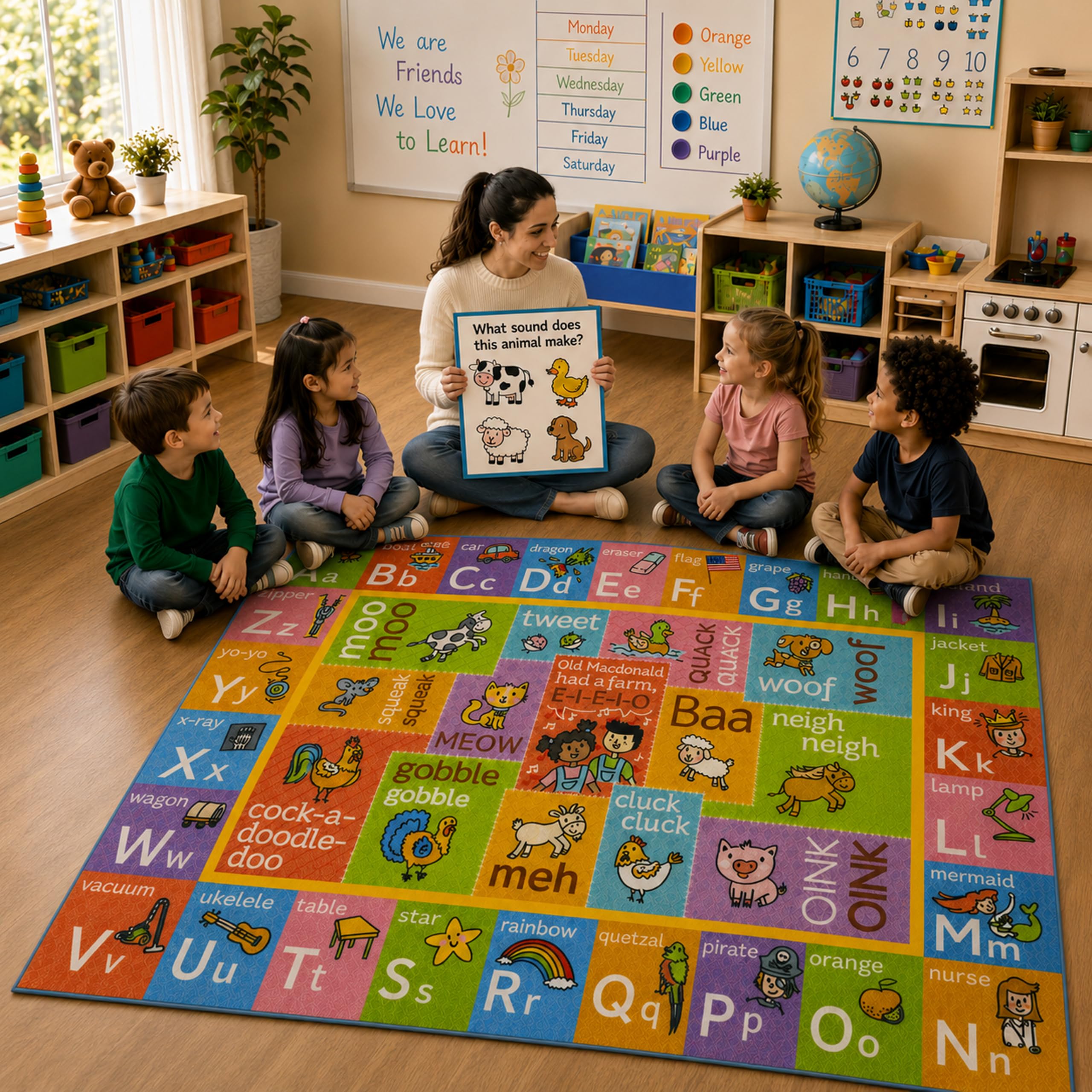 KC CUBS Playtime Collection ABC Alphabet mit Alten McDonald's Animals Lern-Teppich für Kinder und Kinderzimmer und Spielzimmer, 100 cm x 150 cm