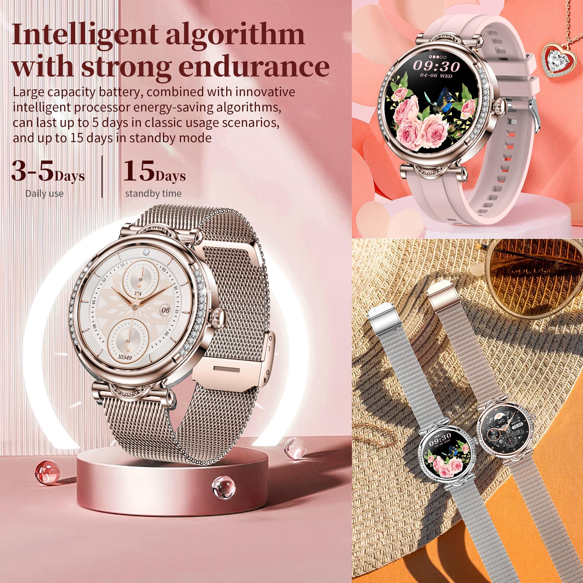 Reloj Inteligente Mujer con Llamada y Whatsapp, 1,27" IP68 Impermeable Reloj Smartwatch Mujer con 123 Deportivo, Diamante, Monitor Sueño, Oxígeno Sanguíneo, Podómetro, Pulsómetro Android iOS (Oro)