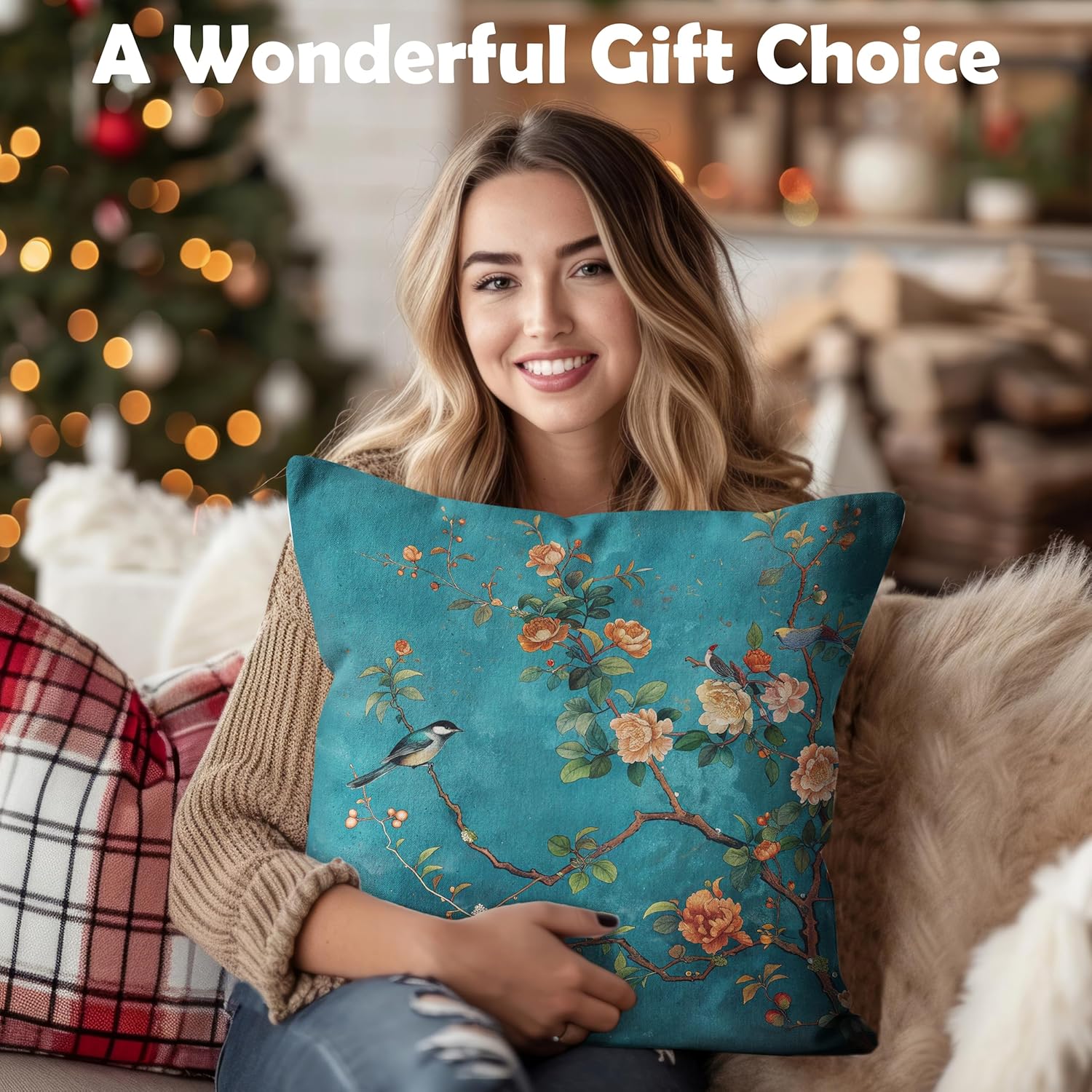 Teal Chinoiserie Floral Bird Pillow Covers 18x18, Cottagecore Room Decor, Rustic Farmhouse Flower Bird Decorative Throw Pillow Covers Pillowcases for Living Room Home Bedroom - Image 6