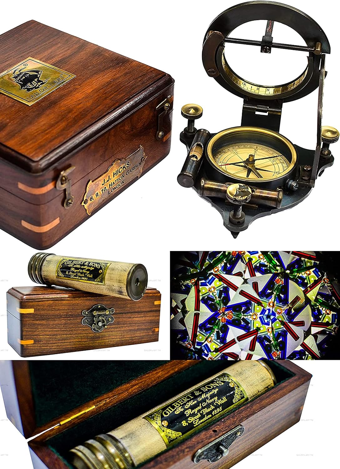 Sailor's Art Heavy Sundial Compass with Wooden Box and Brass Kaleidoscope with Wooden Box
