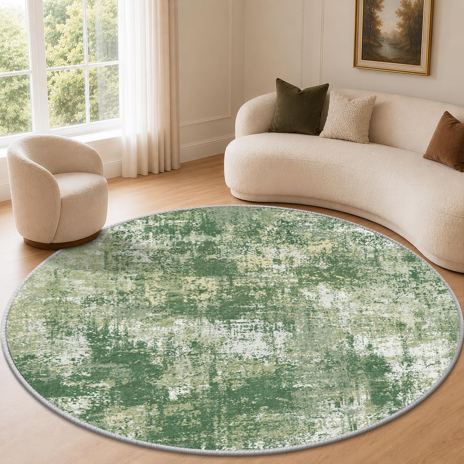 JOYARR Round Rug, Washable Non-Slip Low Pile 160cm, Green