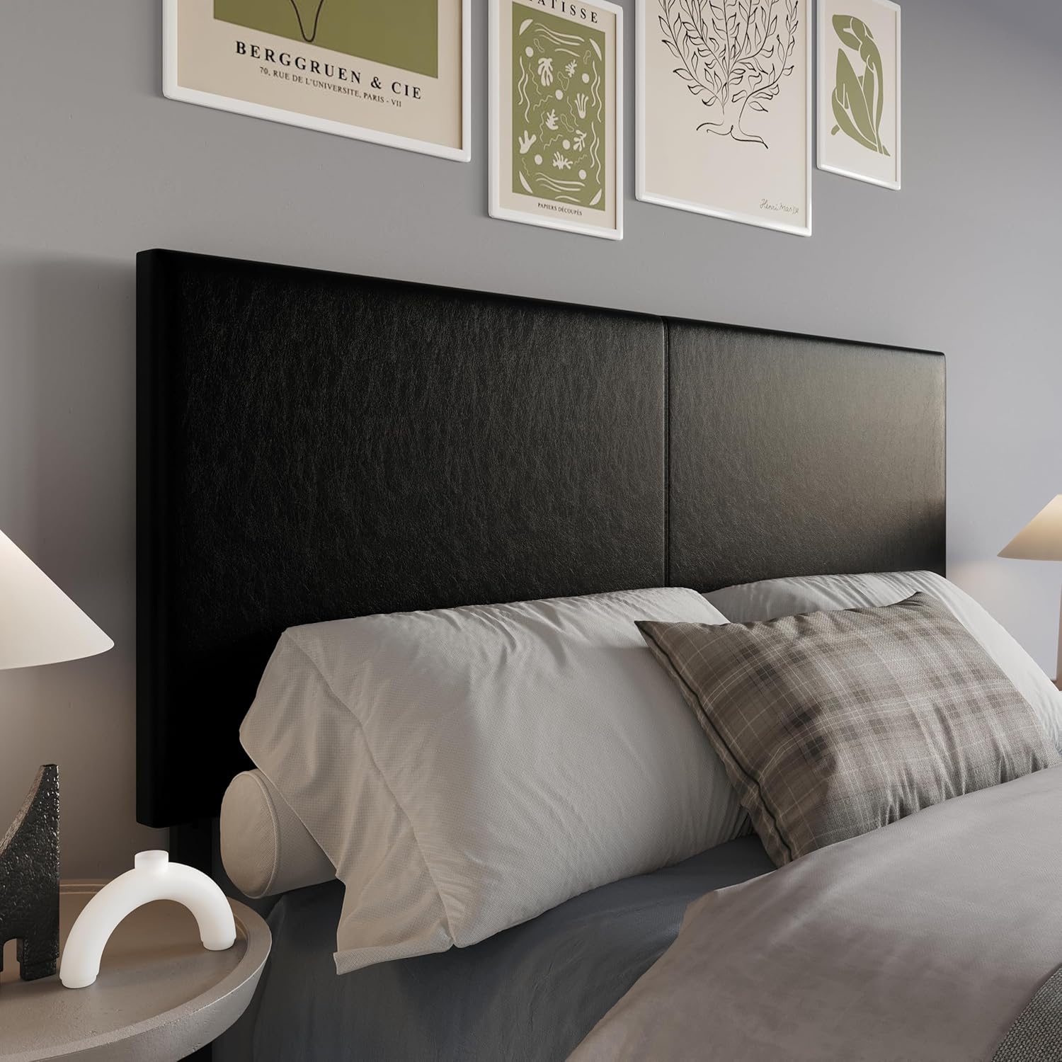 HOME DESIGN Hazard Upholstered Headboard Queen with Clean-Lined Design & Foam Padding, Modern Faux Leather Panel, Easy Installation, Black