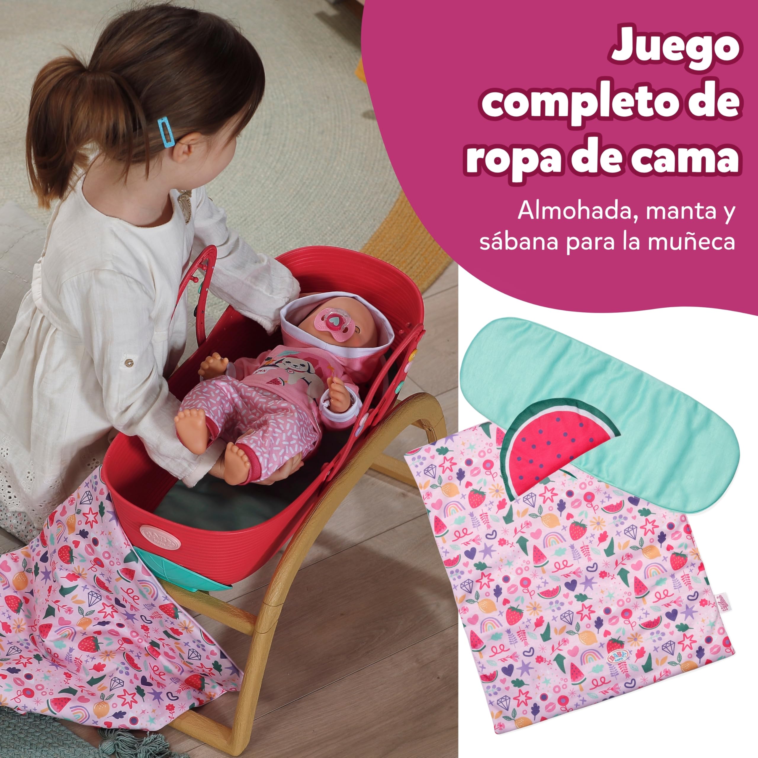 Baby born 3 en 1 Cuna Pinplay – Cuna, Cama y capazo con Pines Decorativos – Incluye Manta y Almohada – Accesorio de muñecas Apto para niños a Partir de 3 años