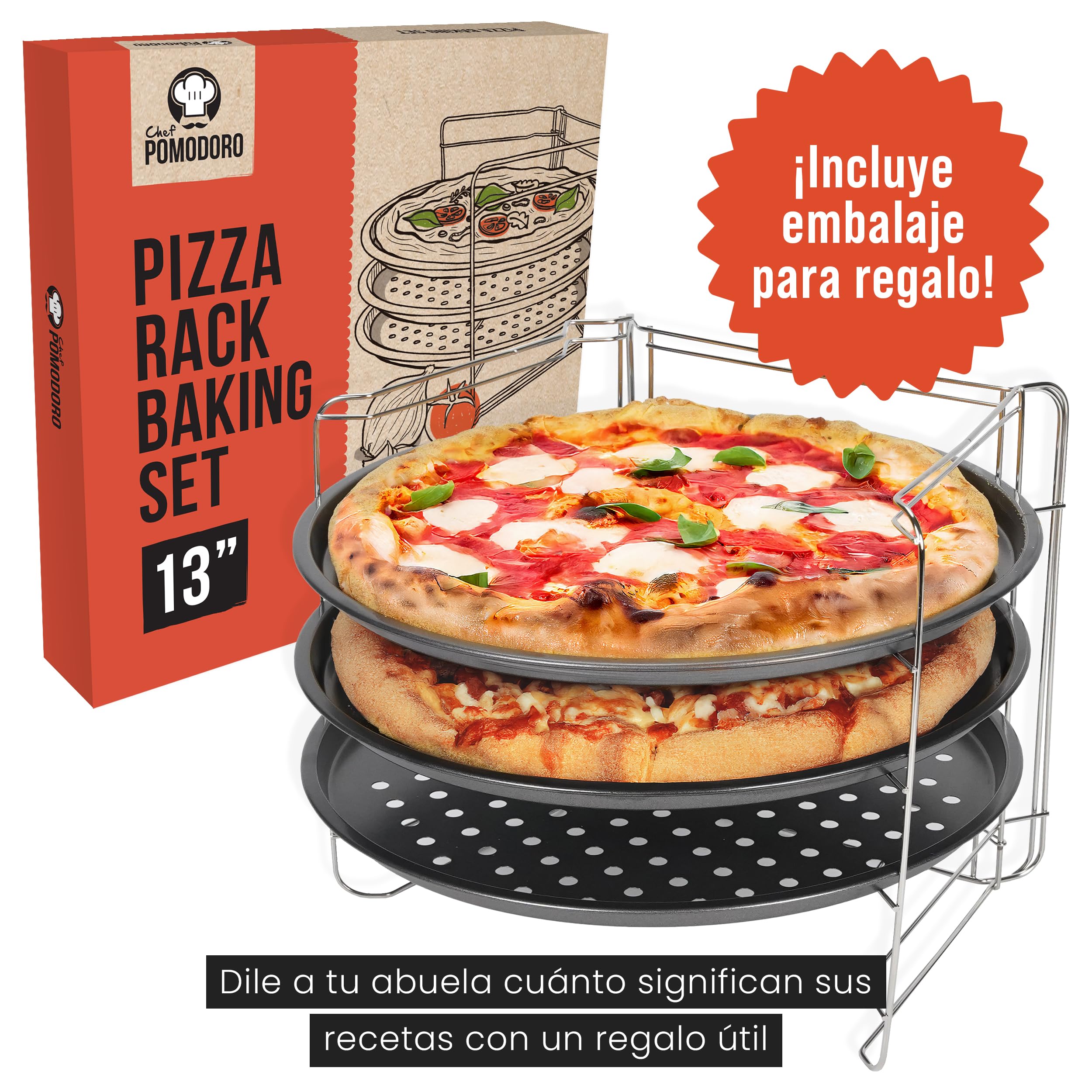 Chef Pomodoro Set Bandejas Horno con 3 Piezas (Bandeja Pizza Horno + Base Pizza + Pan con Soporte), Accesorios de repostería y cocina, Platos para Pizza perforados, antiadherentes y fáciles de usar
