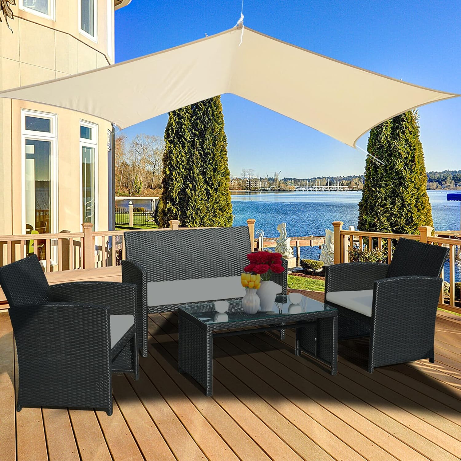 Waterproof 10x13 ft Sunshade Sail Canopy Awning Shelter Fabric, UV Blockage & Water Resistant (Support Points Upgraded to Avoid Collect Water) (Beige)