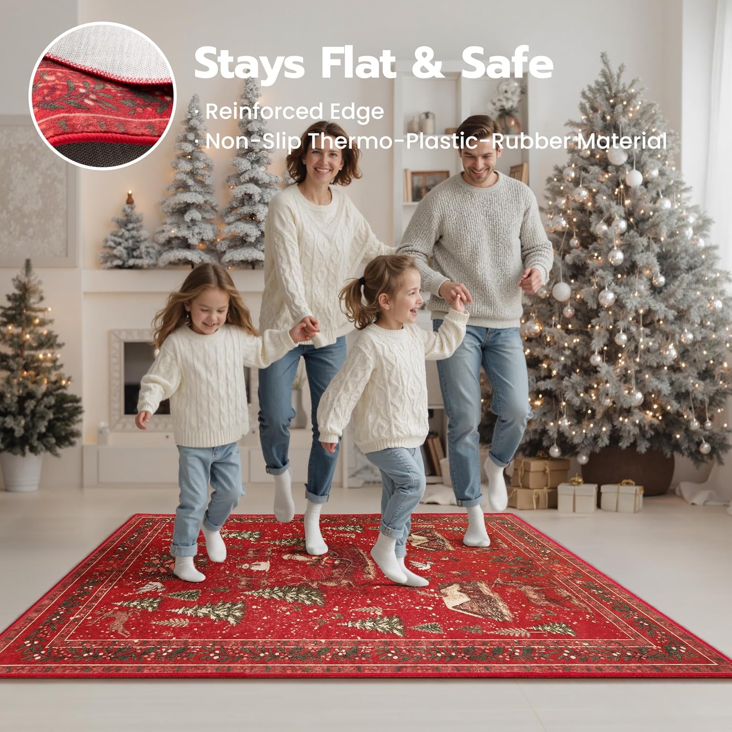 Joiedomi Christmas Rug 5'x7' Area Rugs for Living Room Non-Slip Washable Rug with Rubber Backing Large Soft Vintage Christmas Tree Santa Claus Carpet for Bedroom Kids Nursery Dining Room Indoor (Red)