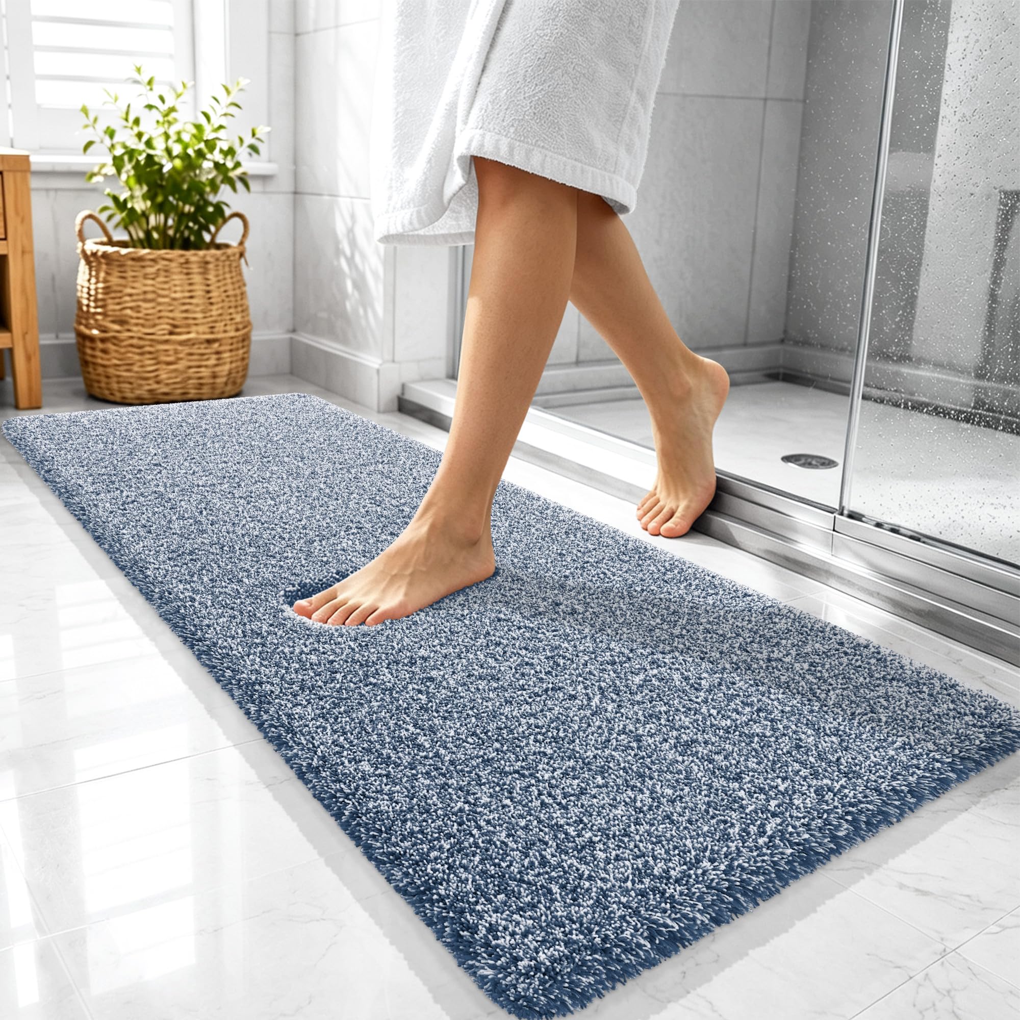 OLANLY Microfiber Bathroom Rugs 47x20, Quick Dry Bath Mat, Navy and White