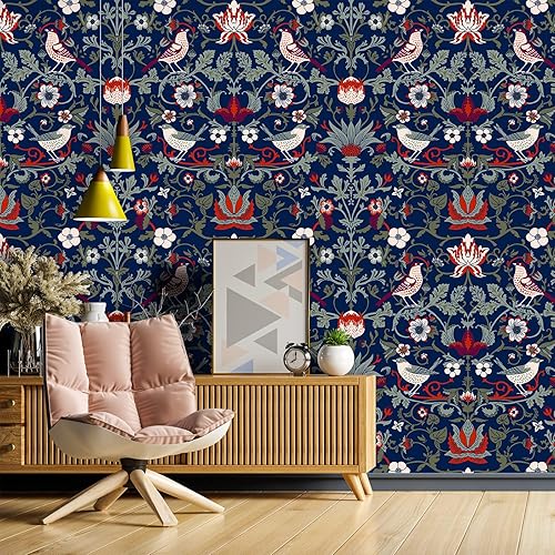 Miniatura 2 de VEELIKE Papel tapiz floral vintage de damasco azul marino, 17.7 x 118 pulgadas, papel tapiz autoadhesivo extraíble, papel de contacto azul para