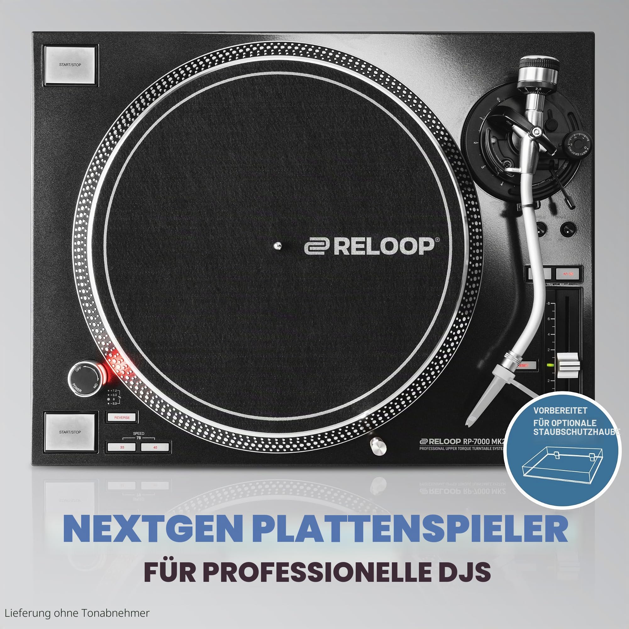 Reloop RP-7000 MK2 – Professioneller DJ Plattenspieler mit Upper Torque Quartz Direktantrieb, Neuer Tonarmbasis, S-Tonarm, hochauflösende Pitch Sektion mit digitalem Fader, schwarzmetallic