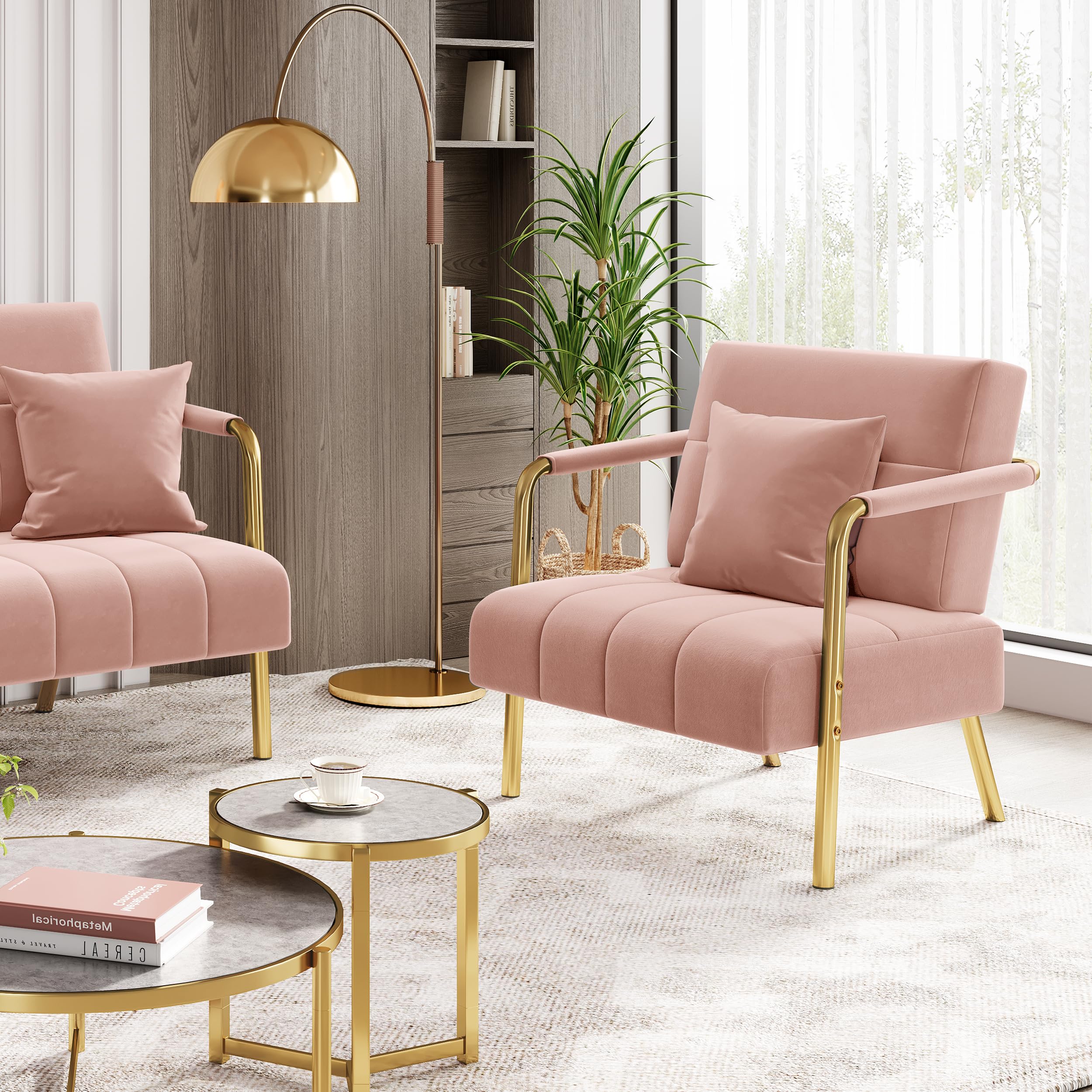 Yaheetech Divano Imbottito con Braccioli Divano Singolo da Salotto 75,5 × 72,5 × 76 cm Sofa Piccolo in Velluto con 2 Cuscini Gambe in Metallo per Soggiorno Sala d'Attesa Ufficio Casa Rosa