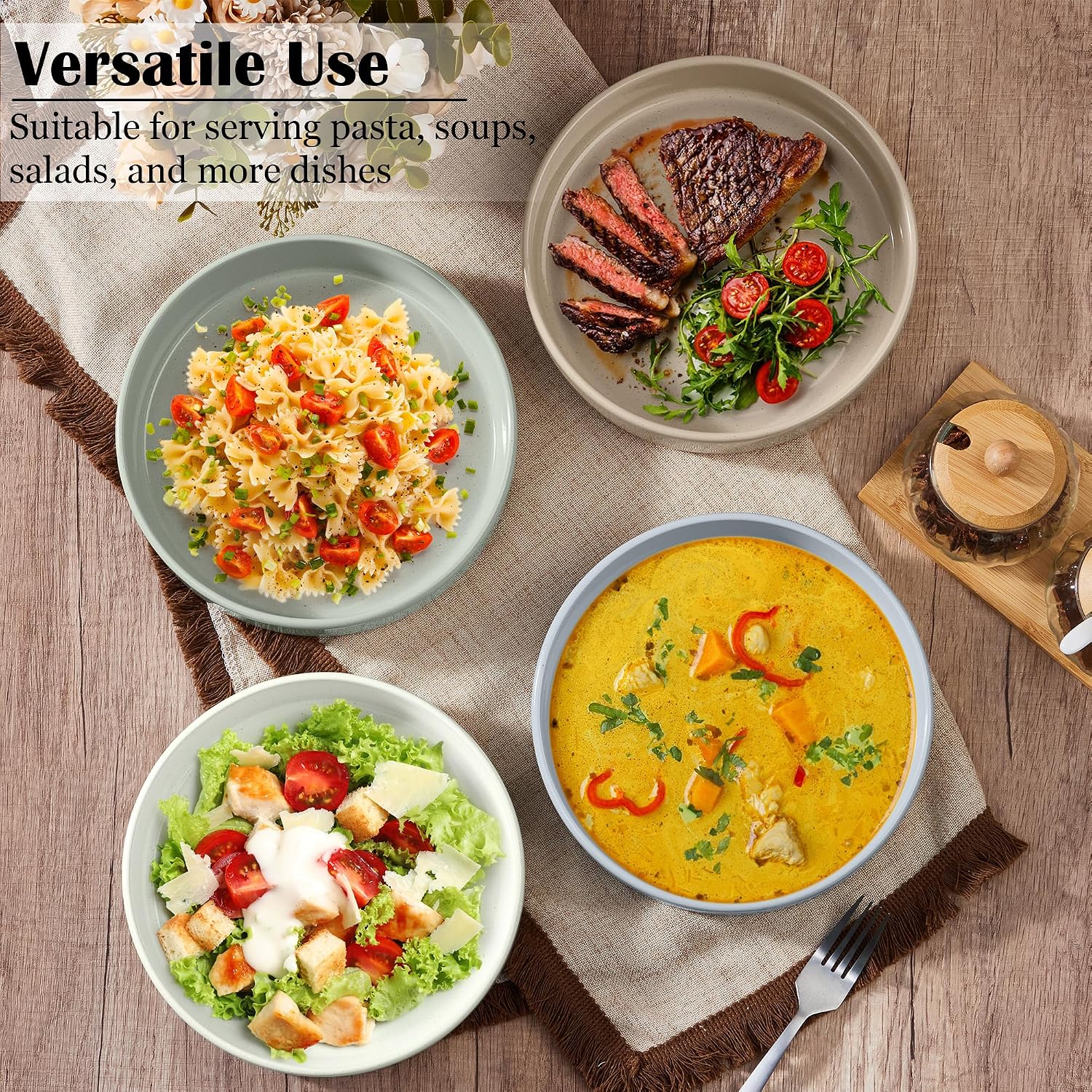 E-far Pasta Bowls Set of 4, 35oz Ceramic Large Salad Bowl Plate, Multicolor image 4