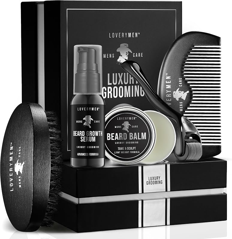 LOVERY Beard Growth Kit - Gifts for Men - Self Care Kit with Beard Serum, Beard Balm, Comb, Beard Brush & More – Mens Gifts for Him, Boyfriend, Husband, Dad - Enhanced Beard Kit - Birthday Gifts
