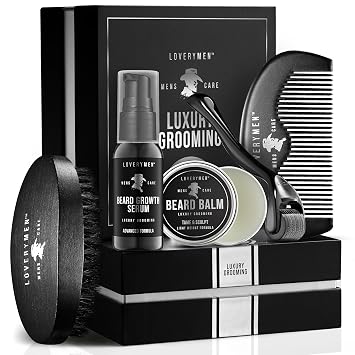 LOVERY Beard Growth Kit - Gifts for Men - Self Care Kit with Beard Serum, Beard Balm, Comb, Beard Brush & More Mens Gifts for Him, Boyfriend, Husband, Dad - Enhanced Beard Kit - Birthday Gifts
