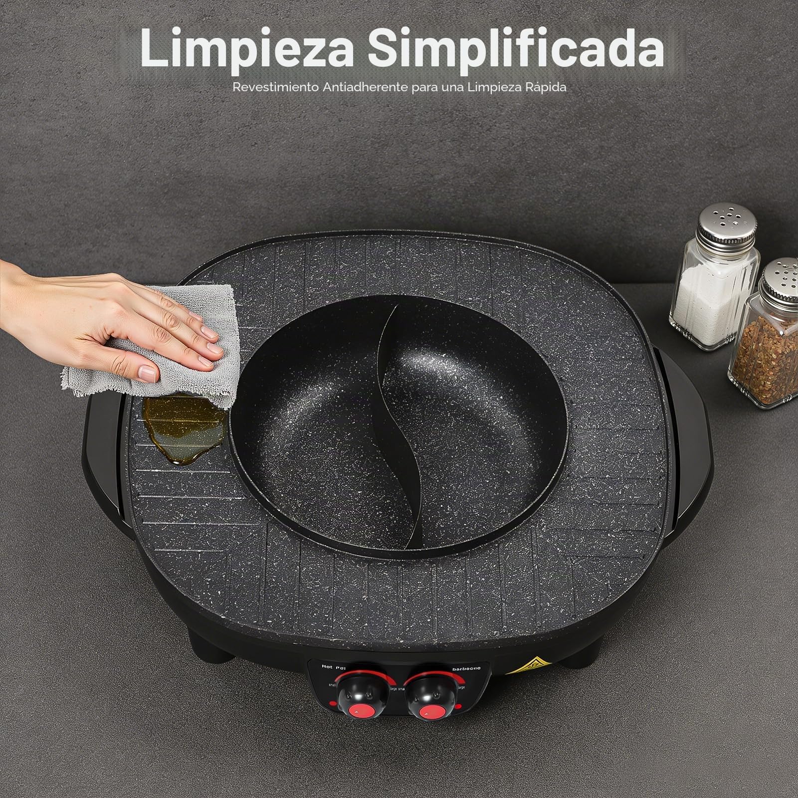 2 en 1 Barbacoa Eléctrica y Olla Caliente, Parrilla Multifuncional sin Humo para Interiores con Temperatura Ajustable, Para BBQ Coreano, Fondue, Shabu-Shabu, Cocina para Fiestas Familiares