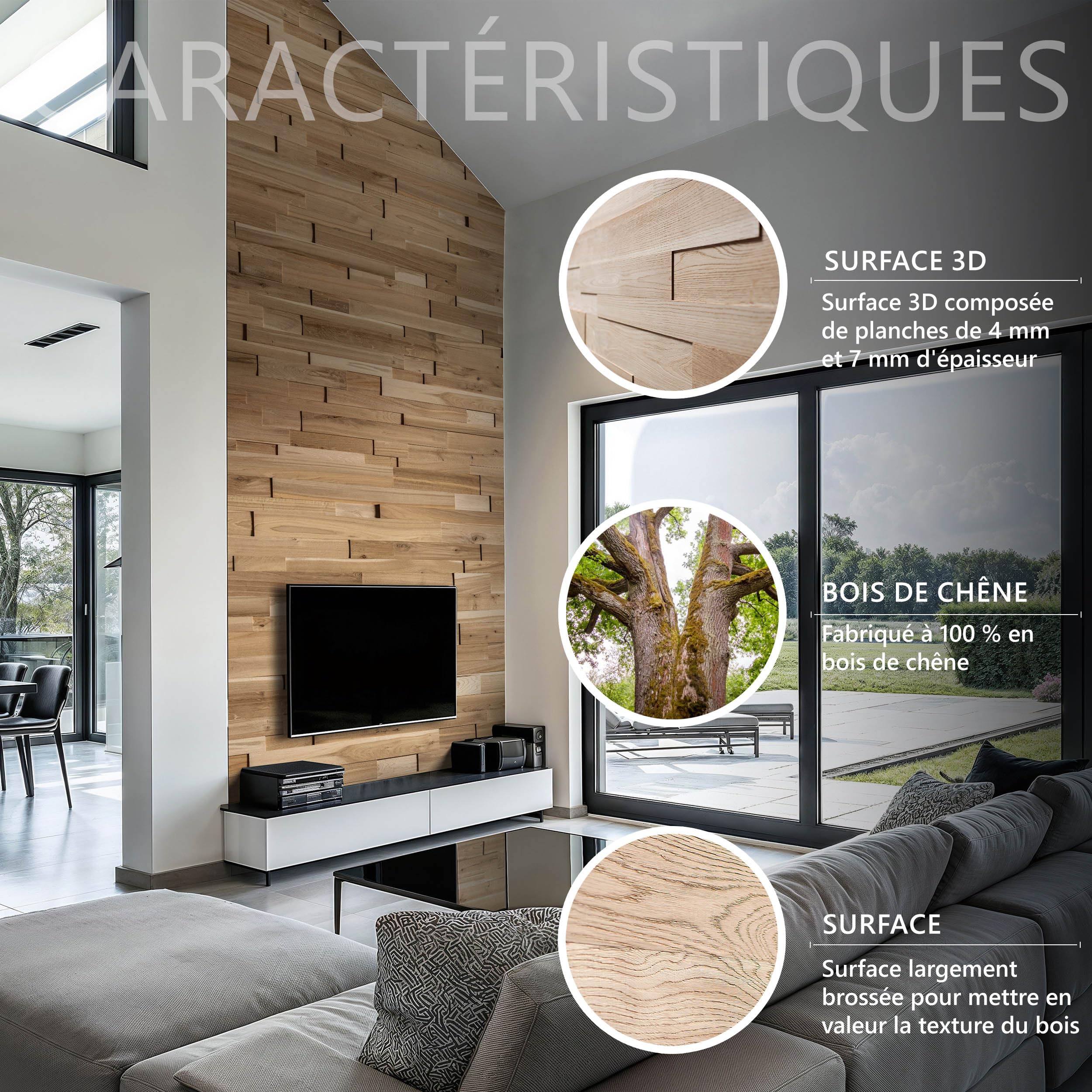 Panneau mural en chêne 3D avec revêtement en bois de chêne structuré - Modèle OZO Rustic (1 m2)