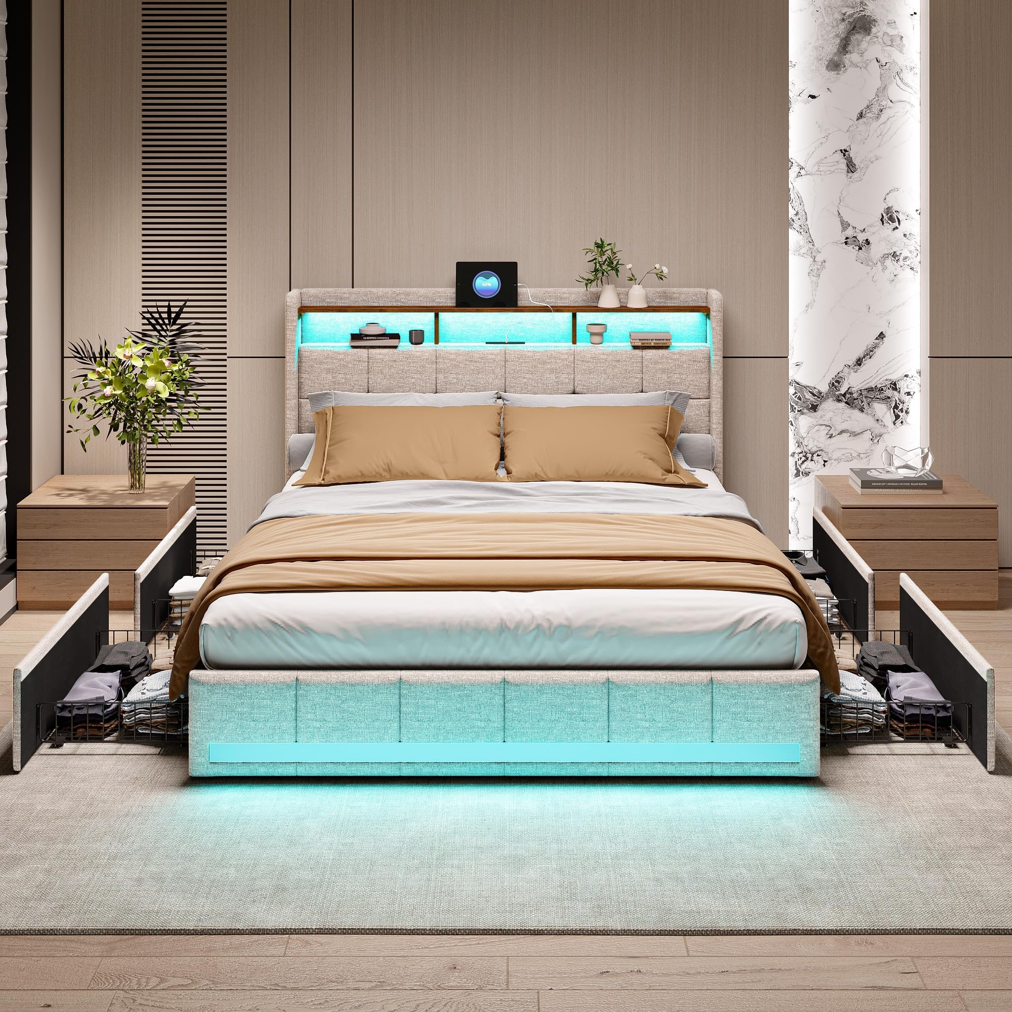 Doppel Bett 180x200 mit Lattenrost, Boxspringbett 180x200, Doppelbett Polsterbett mit Stauraum, Betten mit 4 Schubladen, LED und 2 USB, 1 Type-c, Leinen, ohne Matratze (Beige, 180 * 200)