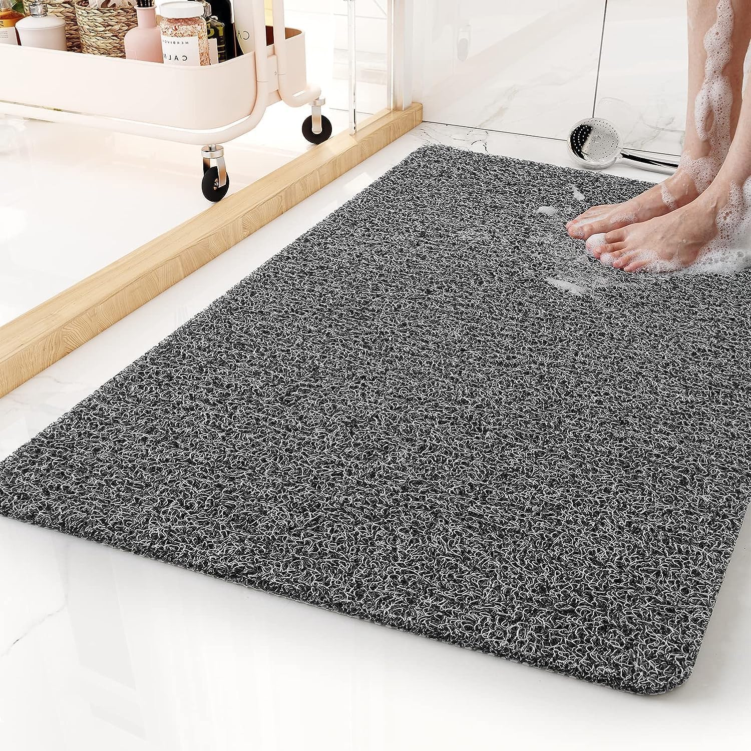 Loofah Bath Mat for Inside Shower & Bath Non Slip Anti Mould PVC Bath Mats for Bathroom Wet Shower Areas, Quick Drying (40 x 60 cm, Black-white)