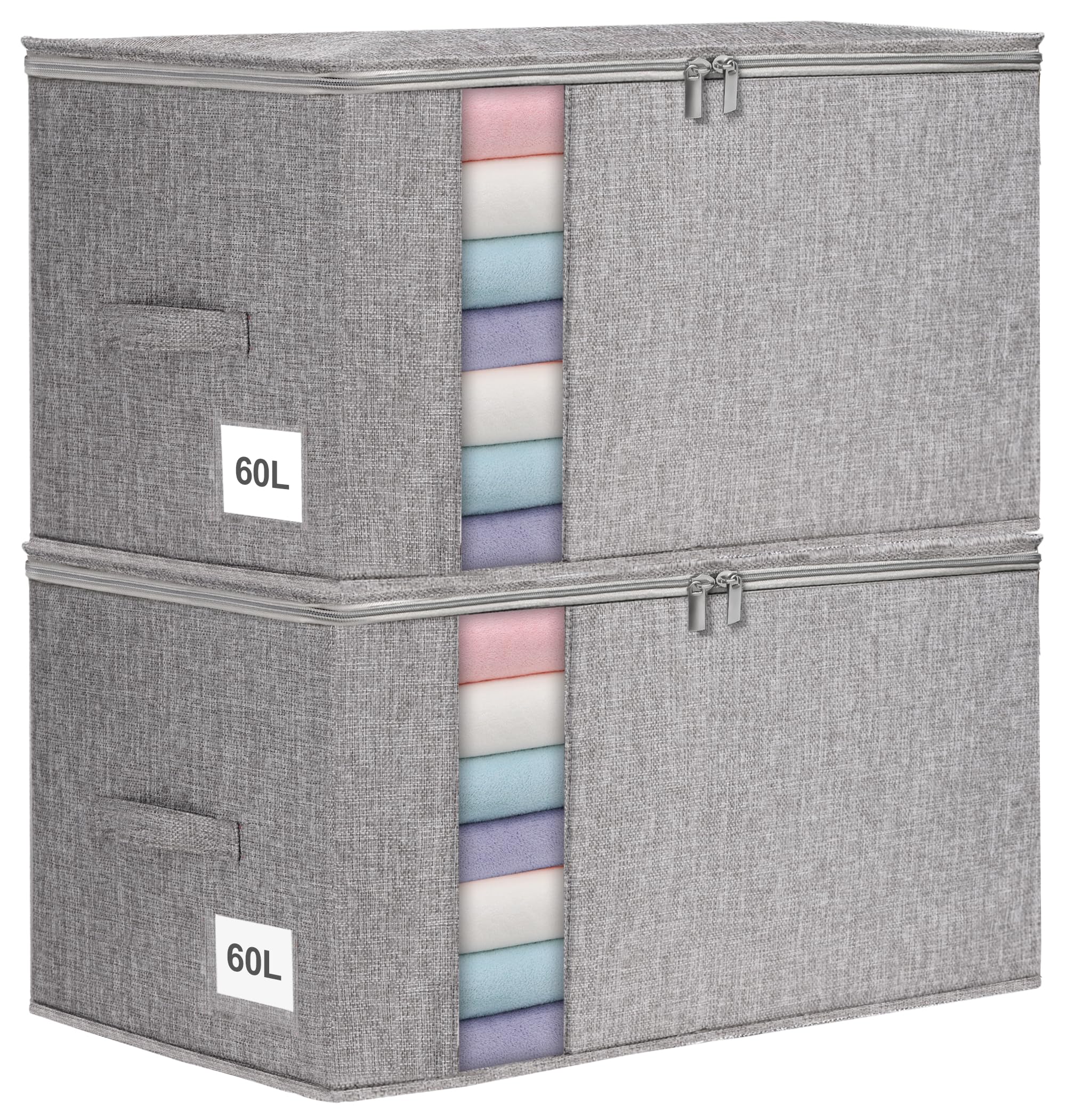 60L Aufbewahrungsboxen 2er-Pack für Bettdecken, Decken, Bettwäsche und Kleidung, faltbare formstabile Stoffboxen mit Doppelreißverschluss, Sichtfenster, starken Griffen, stapelbar, wasserdicht, Grau