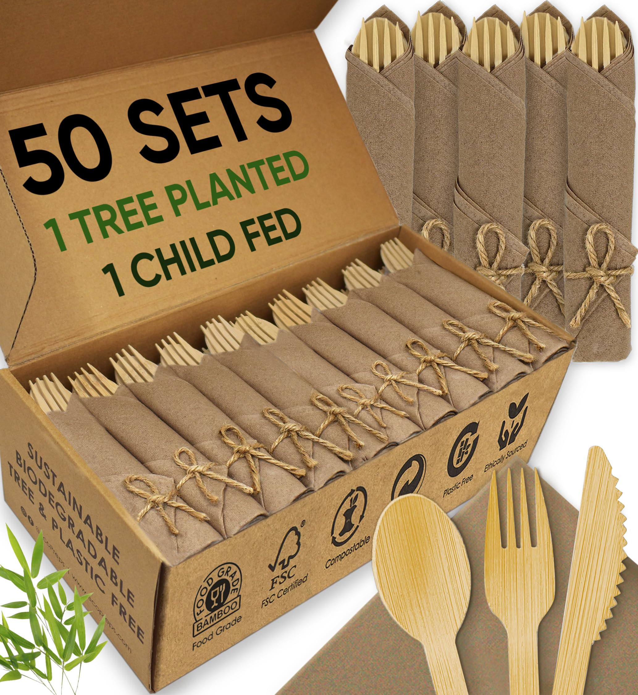 EcoPreps Premium Pre Rolled Brown Paper Napkin and Bamboo Cutlery Set (50 Pack, 200 PCS) 100% Biodegradable, Disposable Wrapped Disposable Silverware