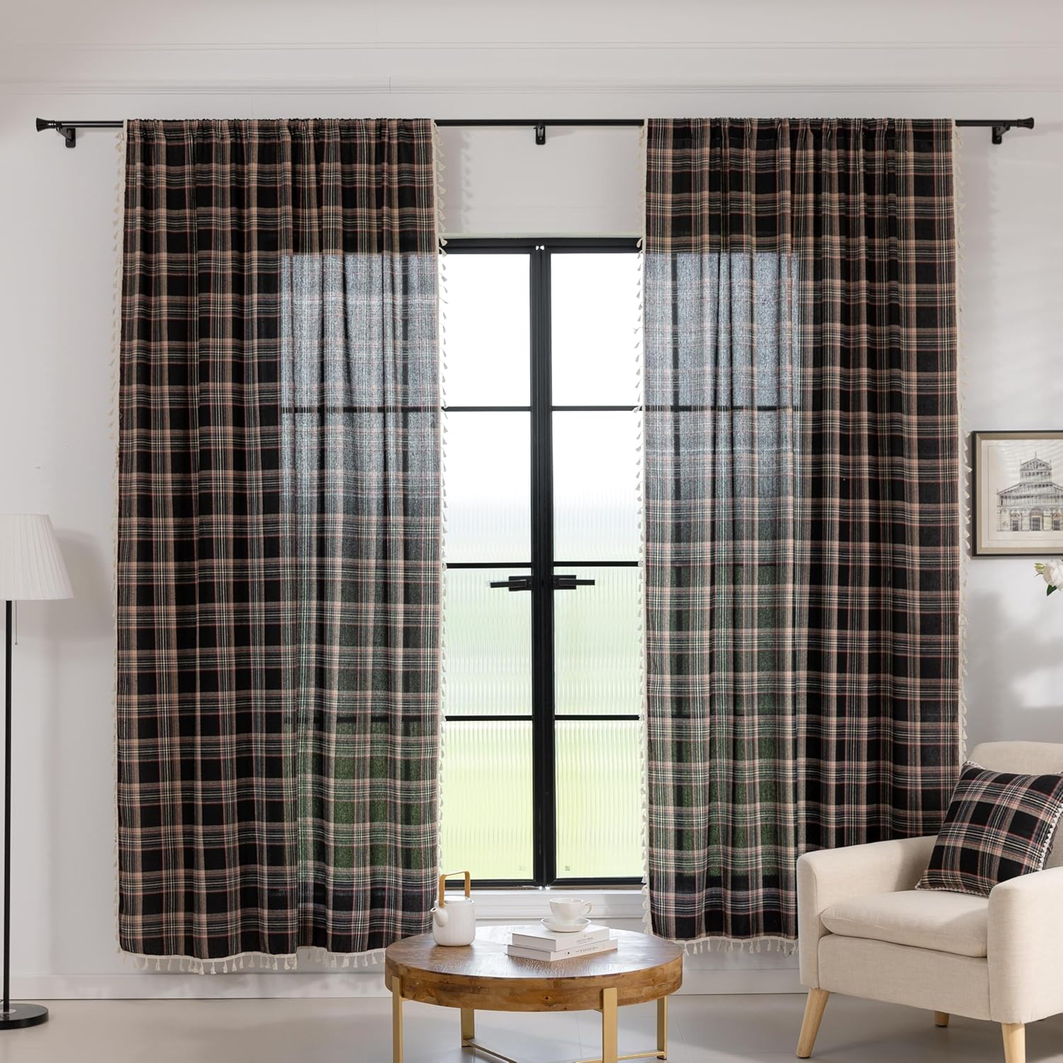 Plaid Curtains 96 Inch Length, Light Filtering Window Drapes with Rod Pocket and Handmade Tassels, 2 Panels, Tartan Curtains for Living Room Bedroom,Black Red