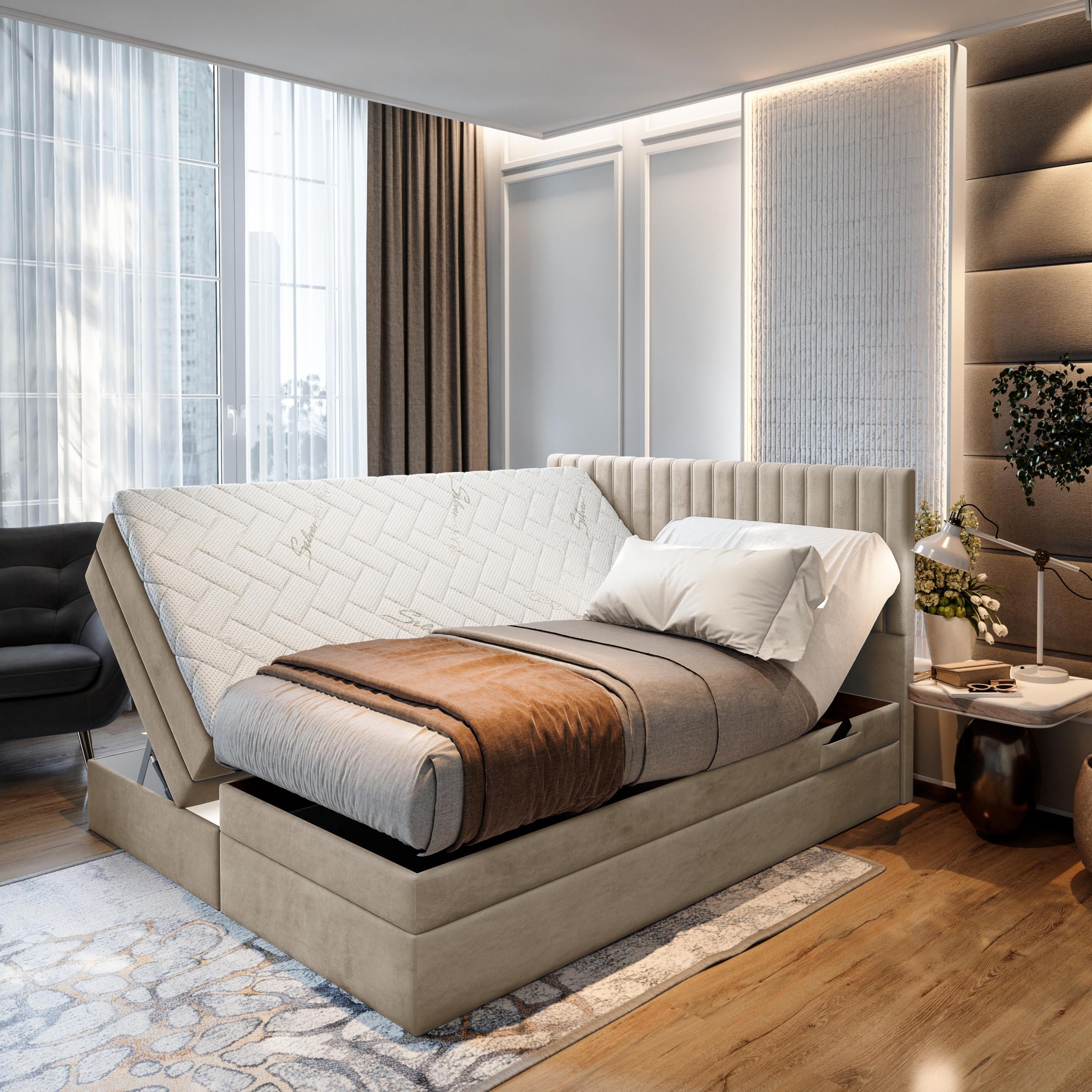 TRADA Letto Contenitore Matrimoniale ADELE, 200x200cm, Beige | Letto Elettrico con Materasso + Tooper e Contenitore - Rivestimento In Tessuto Velour